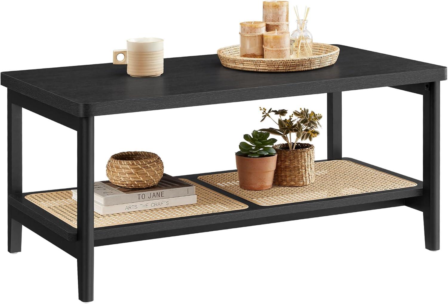 VASAGLE 2-Tier Coffee Table for Living Room, Living Room Table Rectangular Center Table, with PVC Rattan Storage Shelf, Rounded Corners, Easy Assembly, Boho Style, Ash Black ULCT240B21