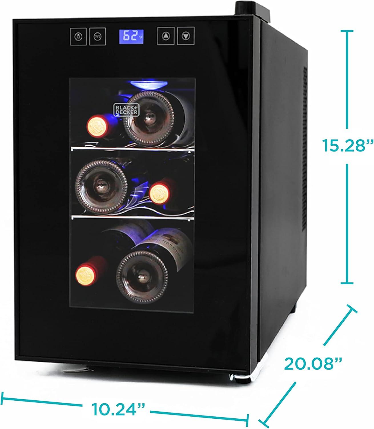 BLACK+DECKER 6 Bottle Wine Fridge, Thermoelectric Small Wine Cooler, Mini Wine Fridge with Triple Pane Clear Glass Door