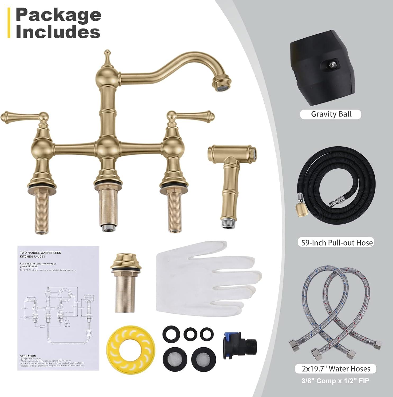 Brushed Gold Brass Bridge Faucet with Side Sprayer