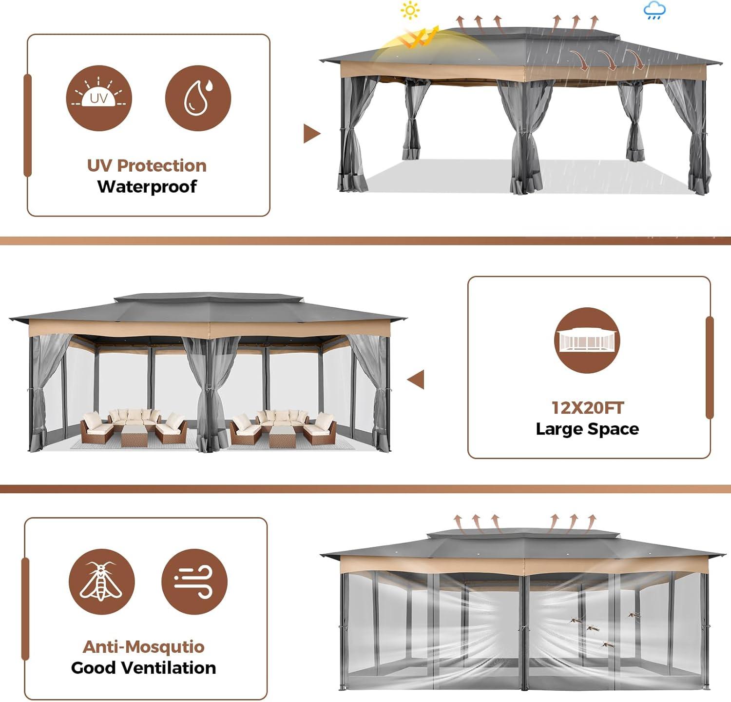 Hoteel 12X20 Heavy Duty Outdoor Patio Gazebo with Mosquito Netting and Curtains, Canopy Tent Deck Gazebo with Double Roofs and Metal Steel Frame for Party, Backyard, Deck, Garden, Gray