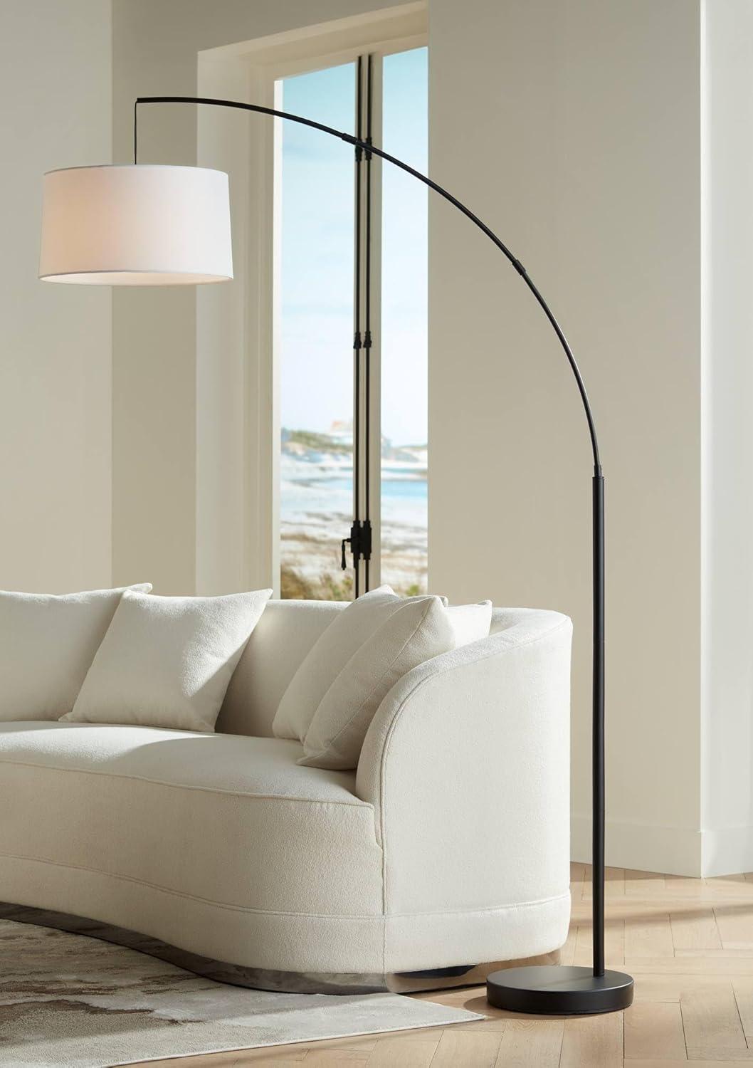 72" Black Metal Arc Floor Lamp with White Linen Shade