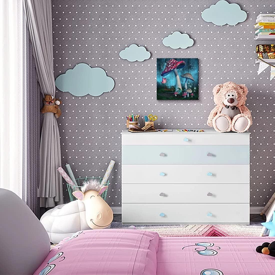 Magical Forest Wall Art Fantasy Mushroom Wall Decor Nature Landscape Plant Picture Butterflies Canvas Print Nursery Decor Fairytale Theme Wall Painting for Home Kids Bedroom Dorm Decoration 12"x12"