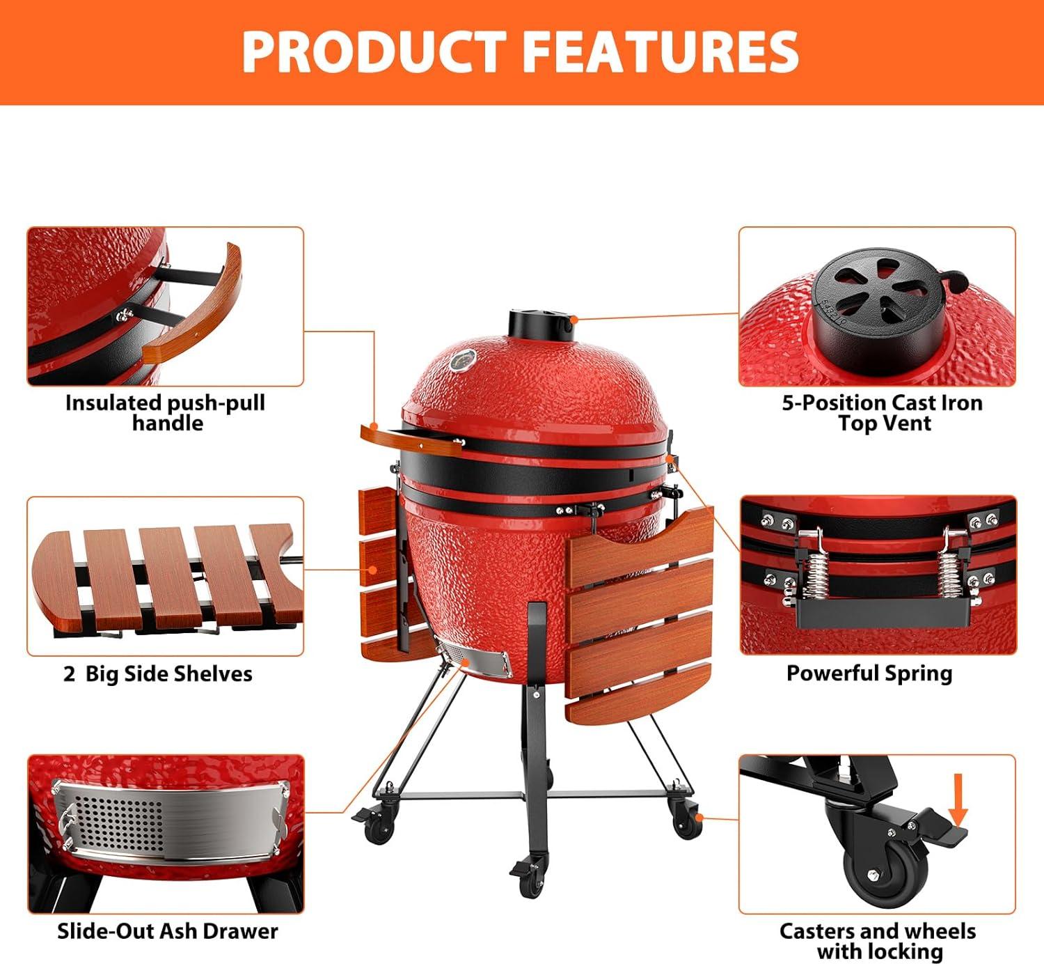 23.5-Inch Red Ceramic Charcoal Grill with Stainless Steel Grates