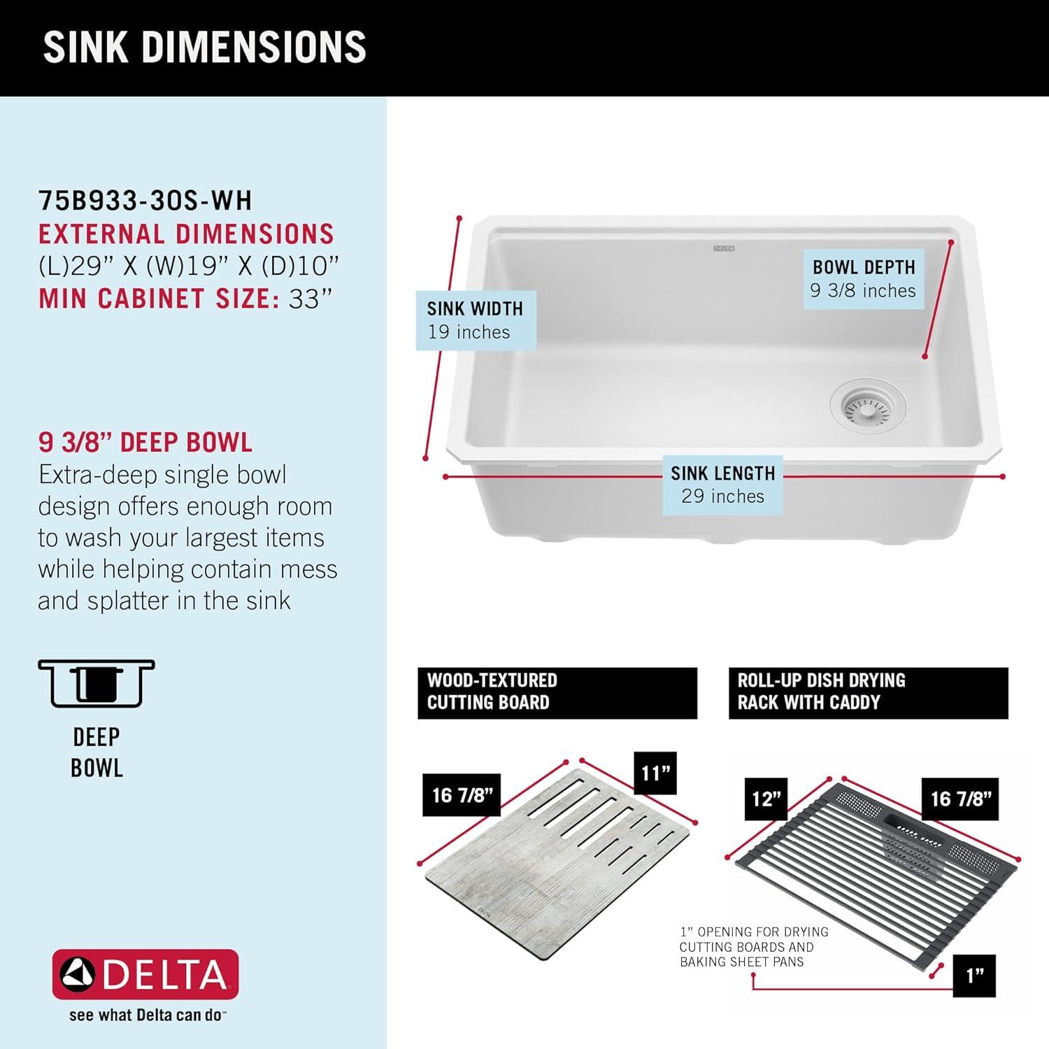 DELTA FAUCET Everest 30-inch Granite Composite Workstation Kitchen Sink Undermount Single Bowl with WorkFlow Ledge and Accessories in White, 75B933-30S-WH