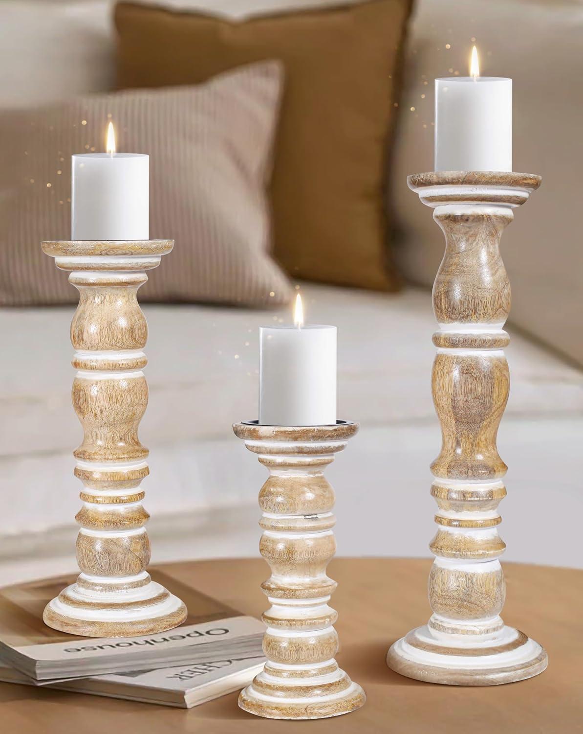 DecMode Traditional and Timeless Mango Wood Pillar Candle Holder Set of 3, 6", 8", 10"H, Cream Finish