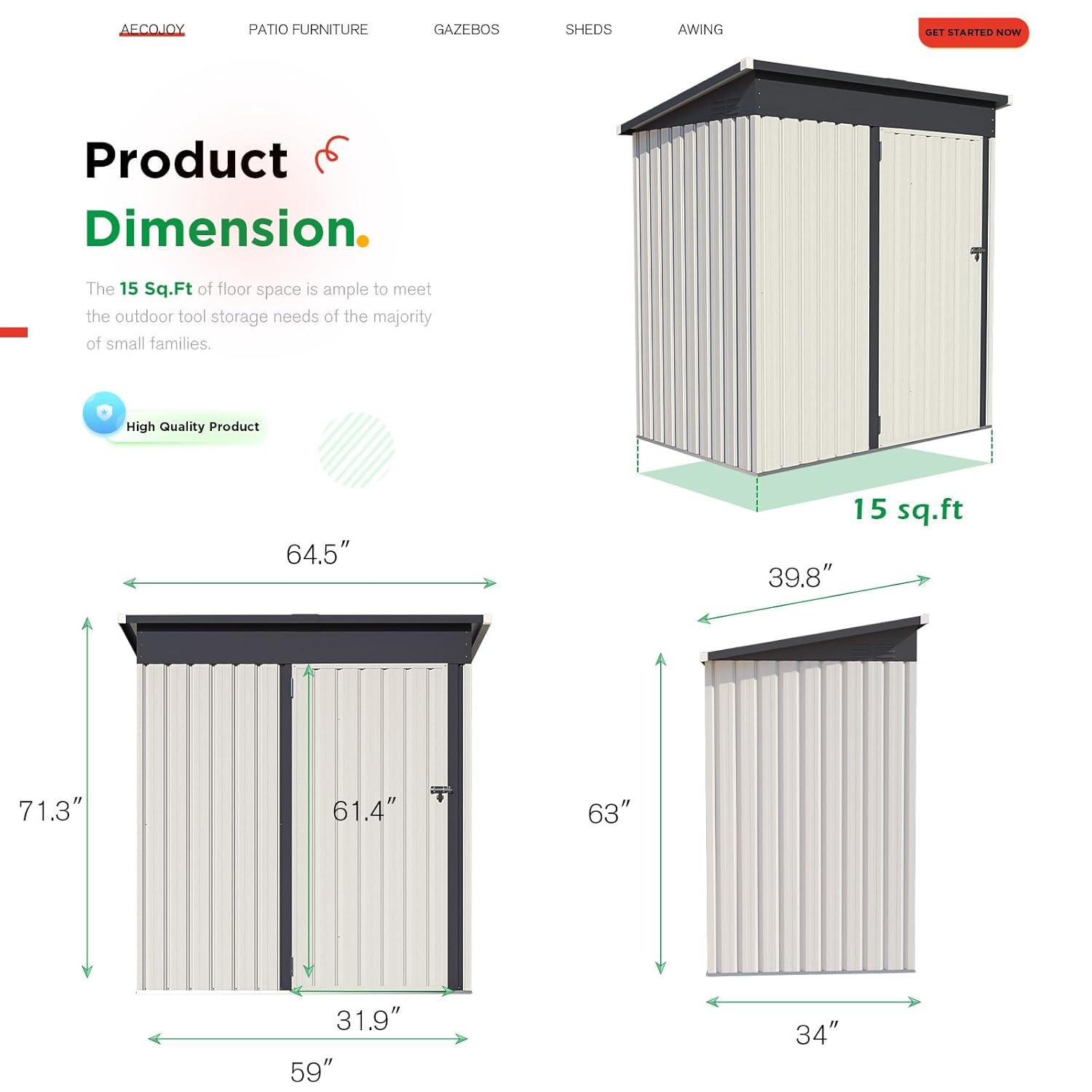 AECOJOY 5' x 3' Outdoor Storage Shed, Small Metal Shed with Lockable Door, Utility and Tool Storage for Garden, Backyard, Patio, Outside use in White