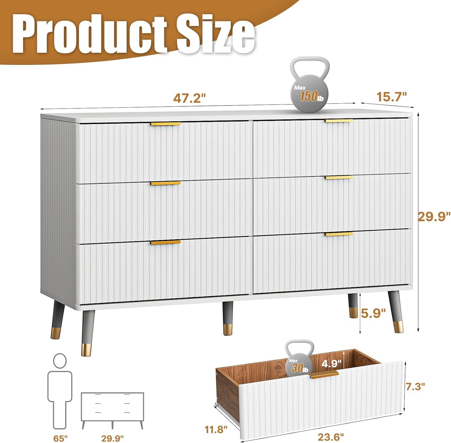 6 Drawer Dresser for Bedroom,Modern Bedroom Dresser,Fluted White and Gold Dresser with Curved Profile Design