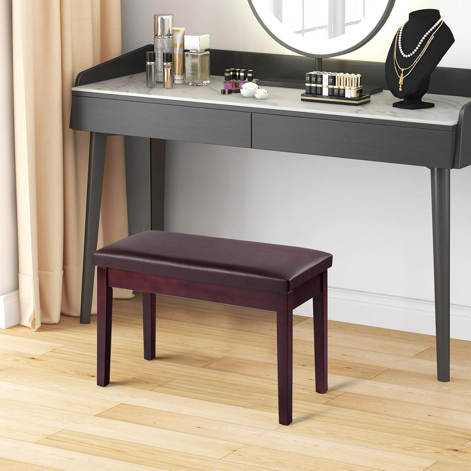 Tangkula PU Leather Piano Bench Solid Wood Padded Double Duet Keyboard Seat w/ Storage Box Black