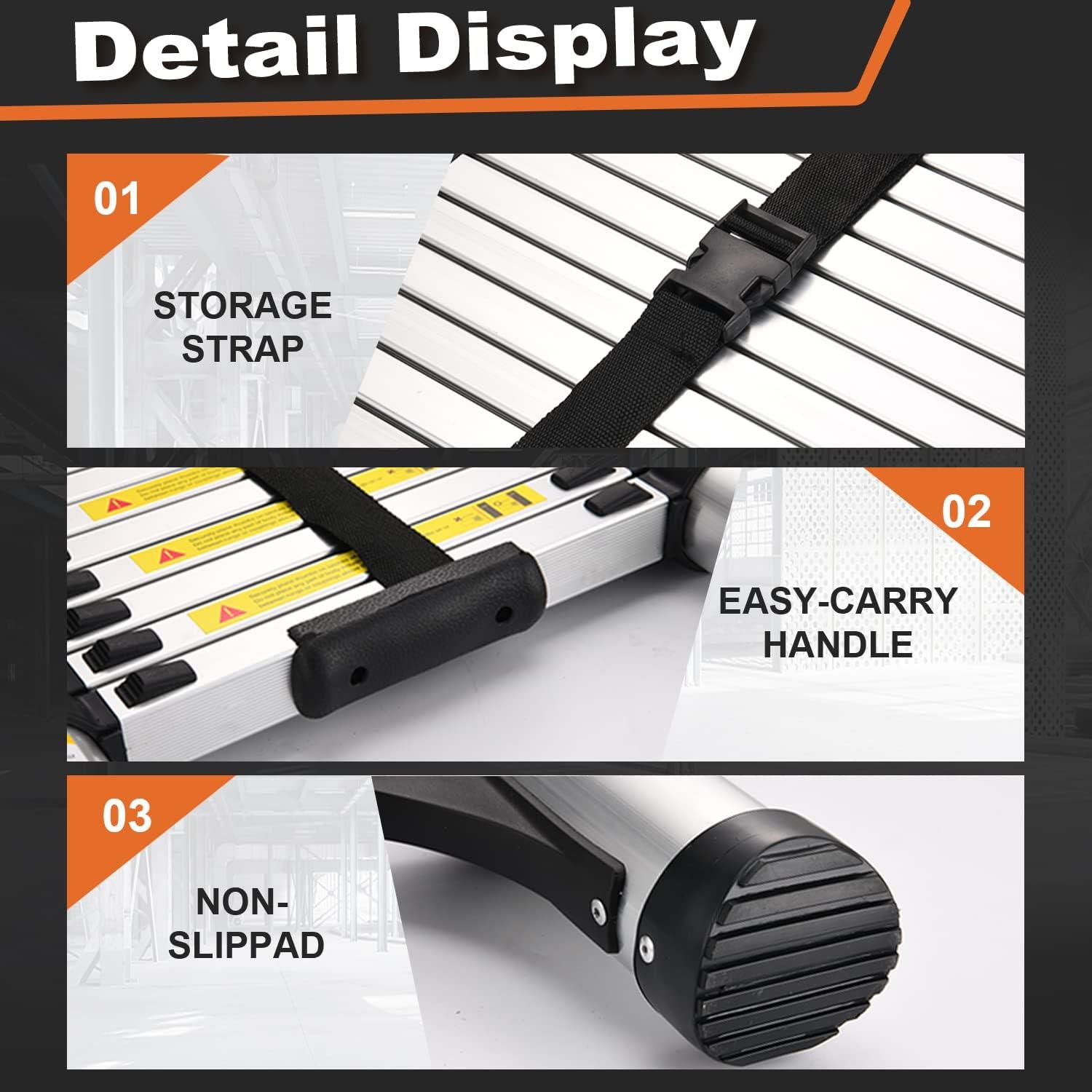 Heavy Duty Black Aluminum Telescopic Extension Ladder with Stabilizers