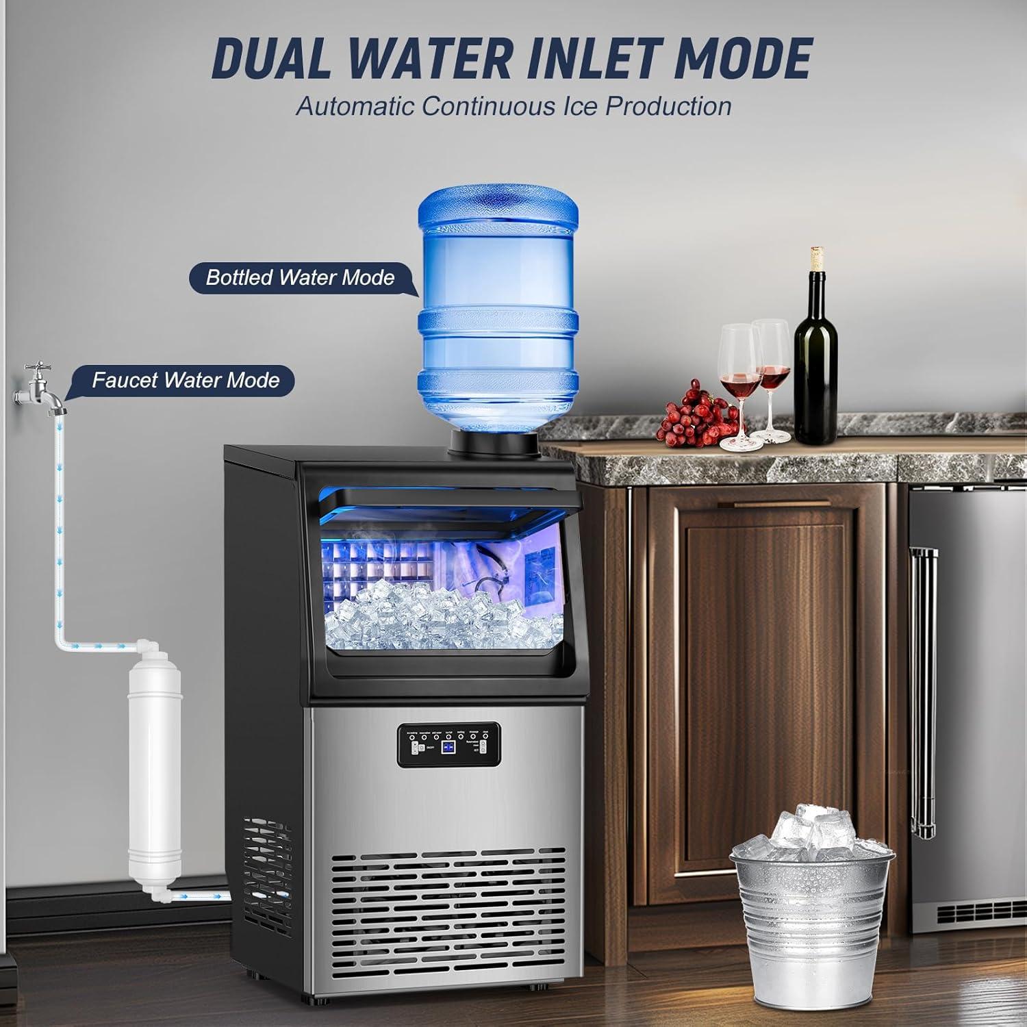 Commercial Ice Maker 100 lb./24H Freestanding Ice Maker Machine with 20 lb. Storage, 2 Water Inlet Modes Stainless Steel