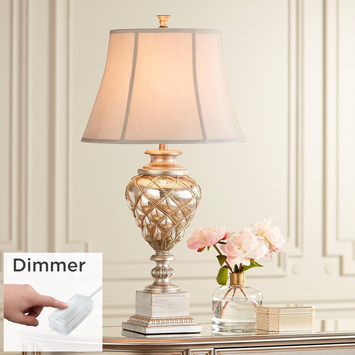 Barnes and Ivy Traditional Table Lamp with LED Nightlight Dimmer 33 3/4" Tall Mercury Glass Off-White Shade for Bedroom Nightstand