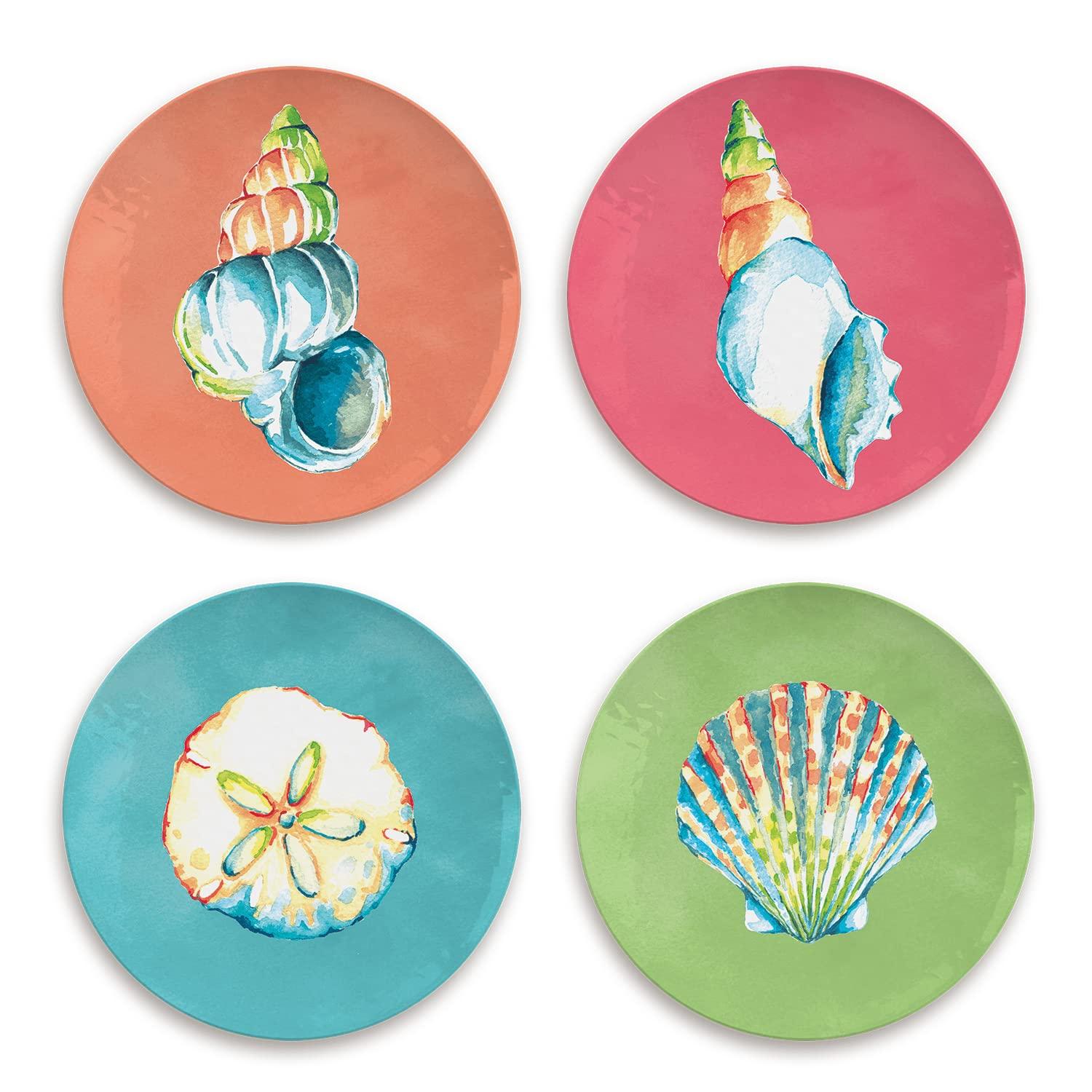 TarHong Sandbar Brights Ocean Themed Set of 4 Assorted Appetizer Plates, 6.8”, Pure Melamine, Shatterproof, Indoor/Outdoor