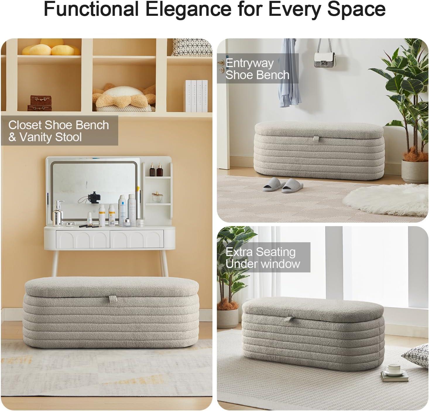 Gray Upholstered Fabric Storage Ottoman Bench with Safety Hinge