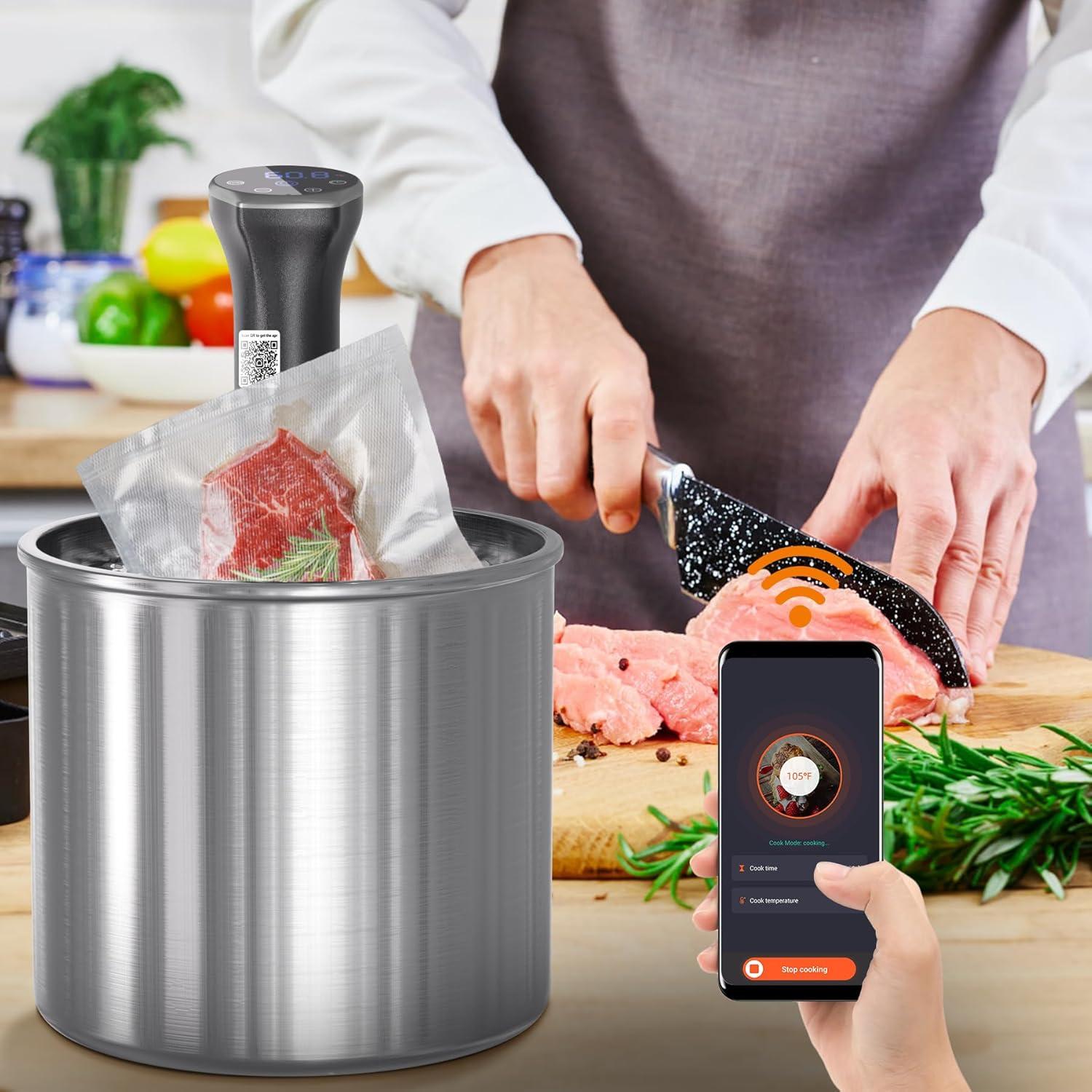 Sous Vide Machine, 1100W Upgraded WIFI Sous Vide Cooker Ultra-quiet Working Cooker Immersion Circulator with Recipes(App Included), Accurate Temperature, Digital Timer, IPX7 Waterproof