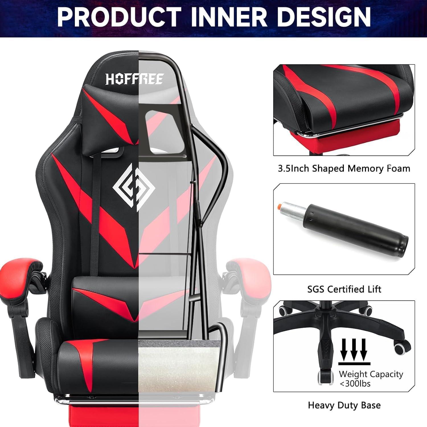 Hoffree Hoffree Massage Ergonomic Gaming Chair with Bluetooth Speakers and RGB LED Lights