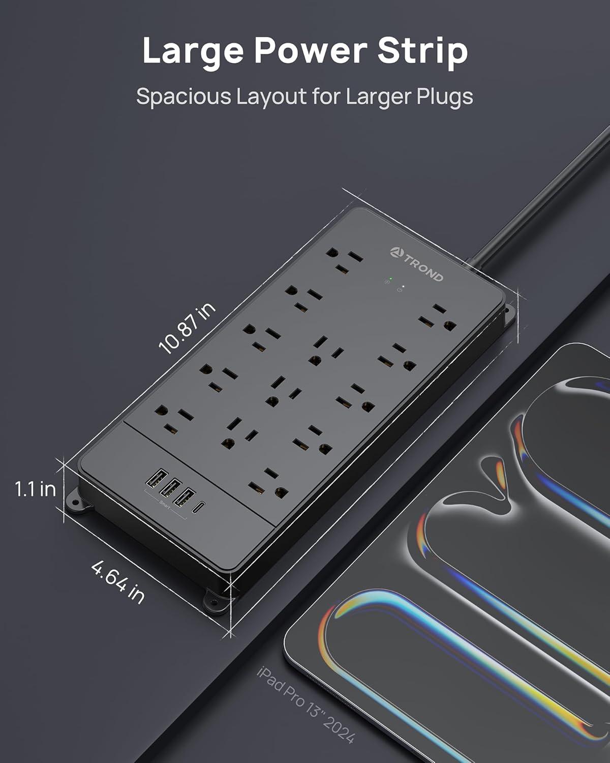 Black 13-Outlet Surge Protector Power Strip with USB Ports