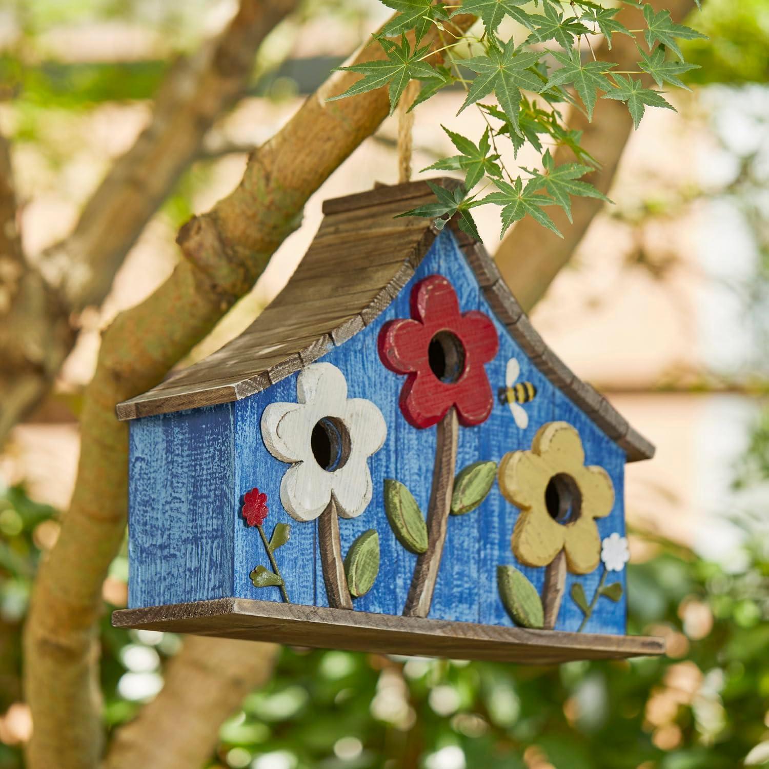 Oversized Blue Wooden Birdhouse with 3D Flowers