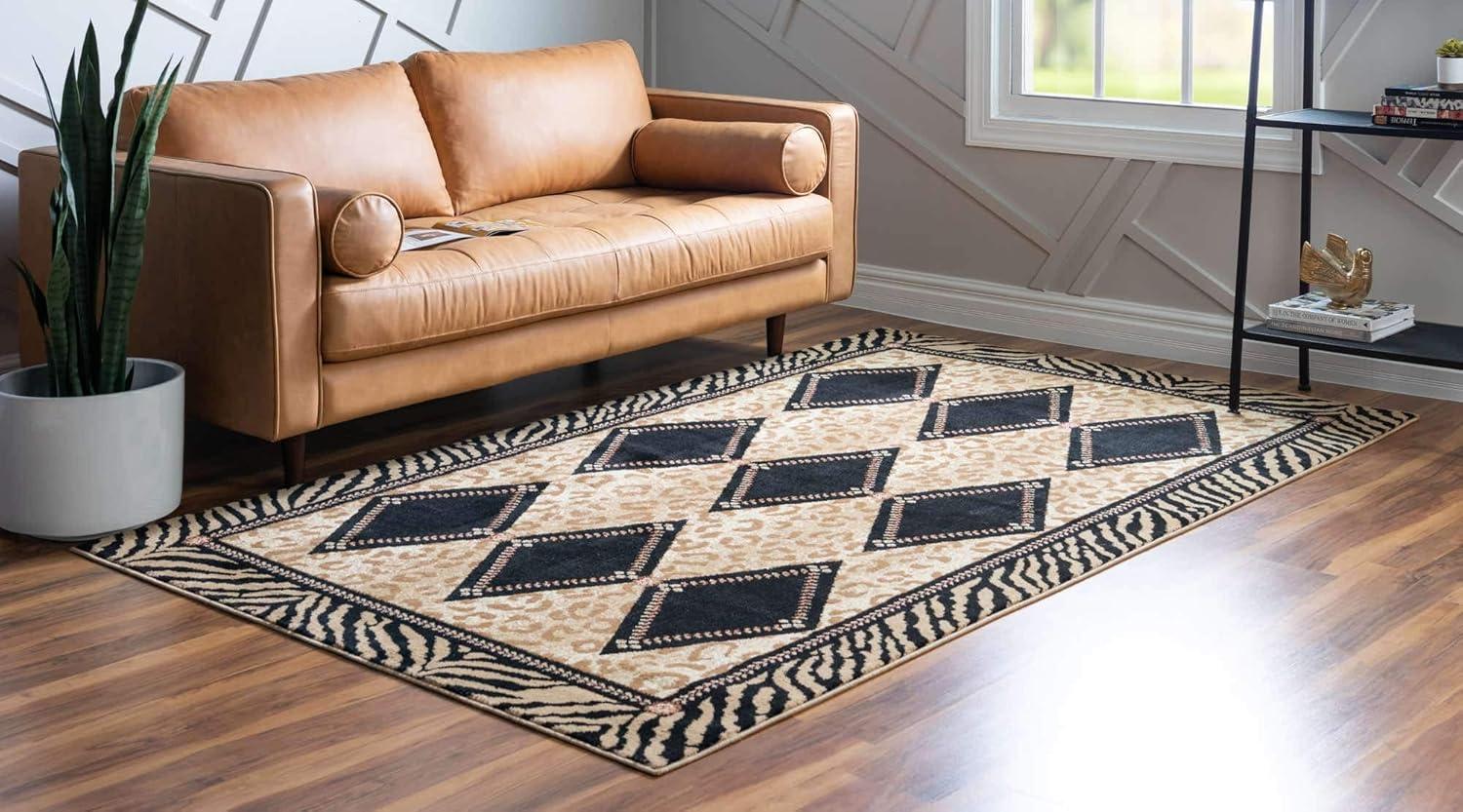 Wildlife Inspired Black and Light Brown Geometric Area Rug