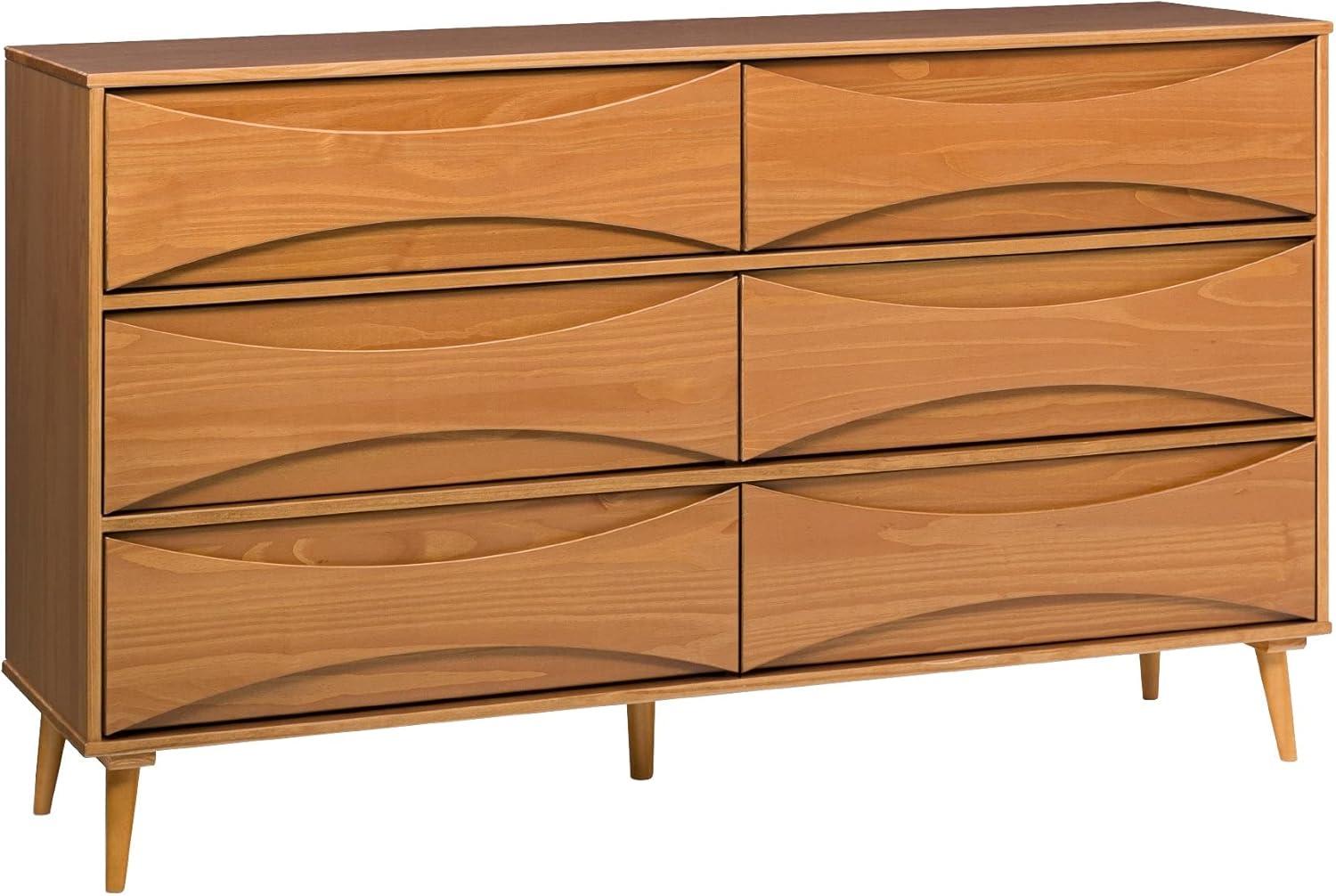 Walker Edison 58” Mid-Century Modern Curved Front 6-Drawer Dresser, Caramel