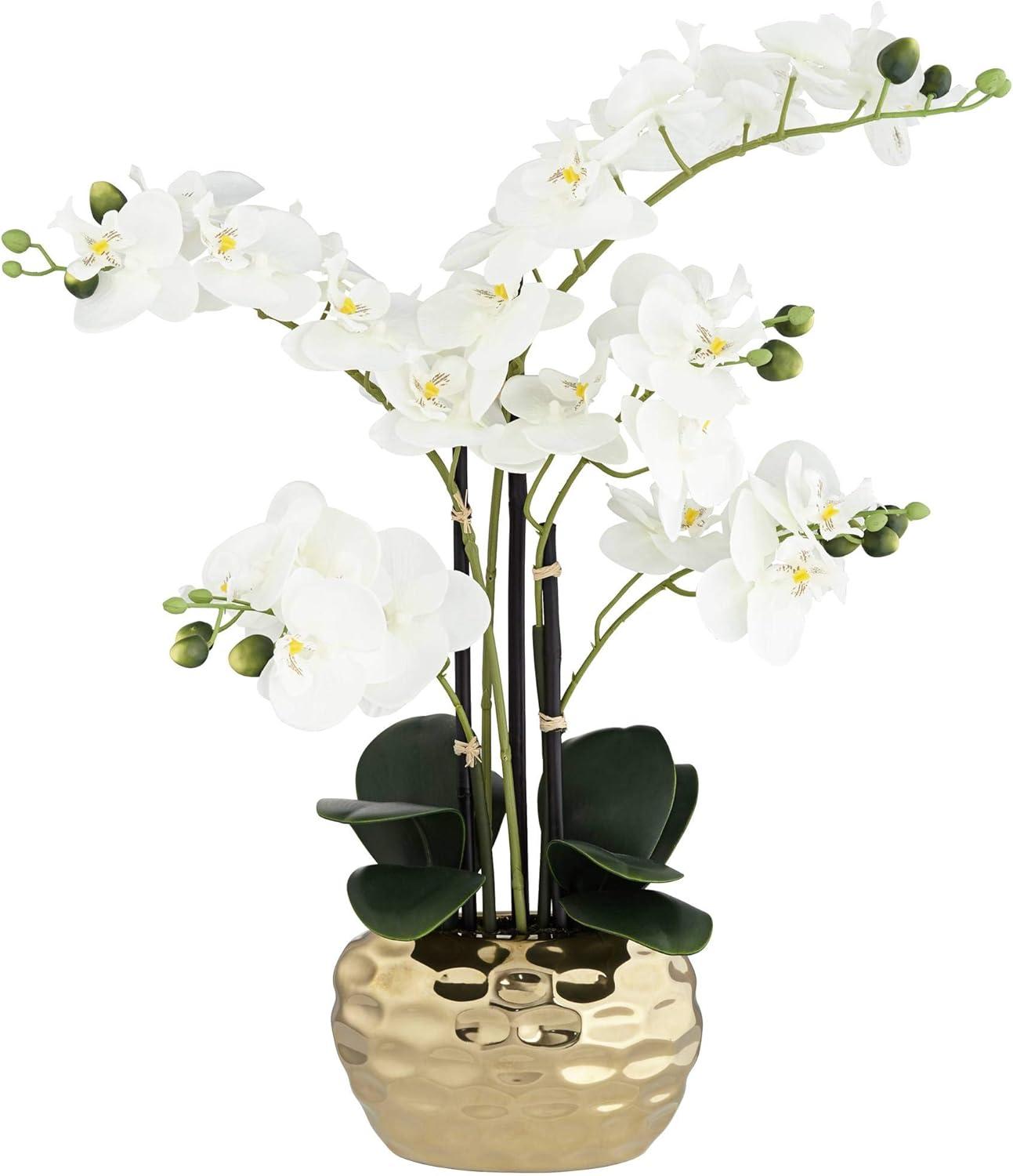 Dahlia Studios Potted Faux Artificial Flowers Realistic White Phalaenopsis Orchid in Gold Ceramic Pot Home Decoration 23" High