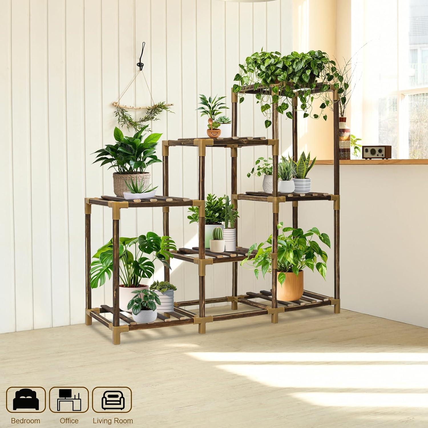 twocorn Plant Stand Indoor, 3-Tier Outdoor Wood Plant Stand for Multiple Plants, Accommodates 7 Potted Plants, Ideal for Room Corners, Balconies, Gardens, and Plant Gardening Gifts C49