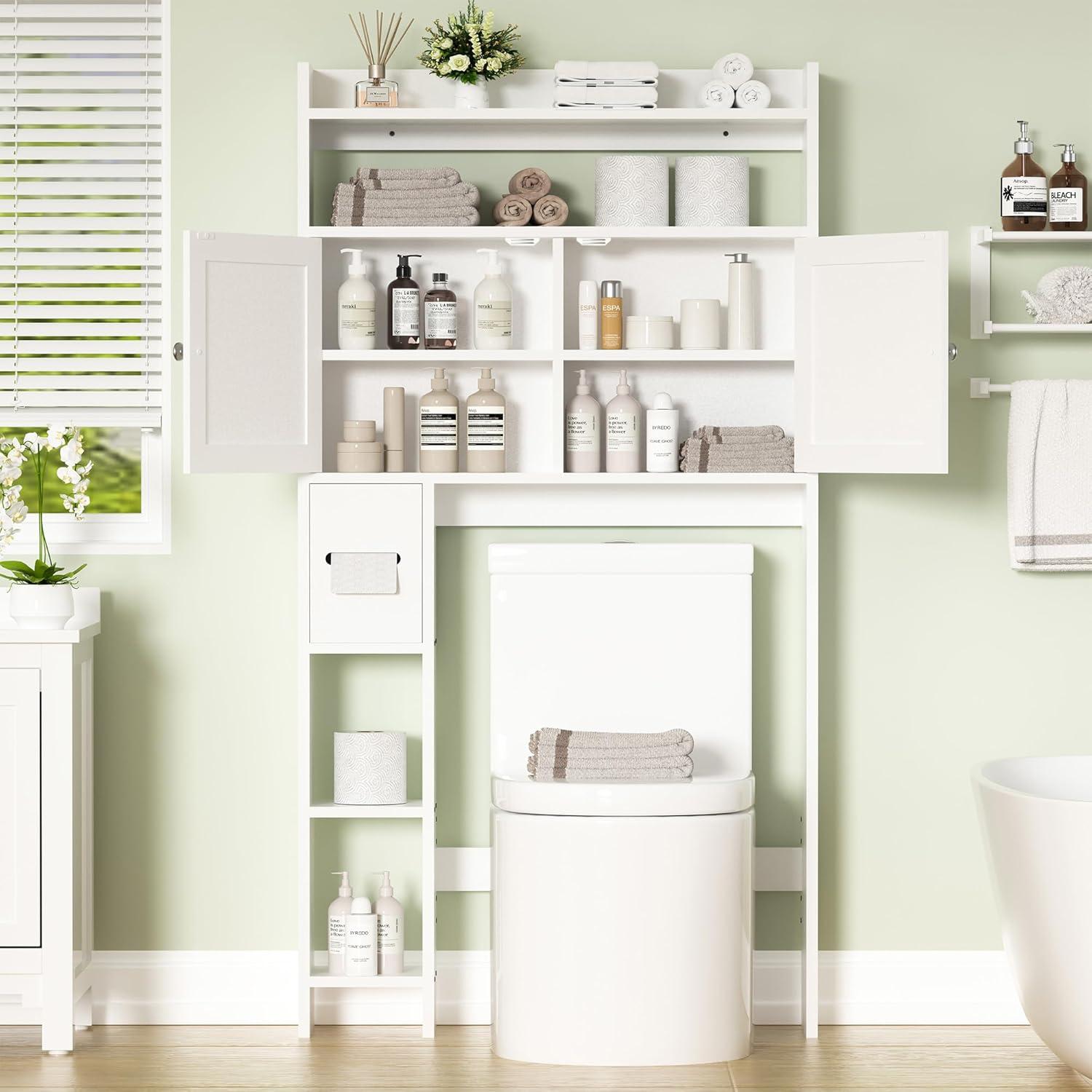 White Adjustable Over-the-Toilet Storage Cabinet with Glass Doors