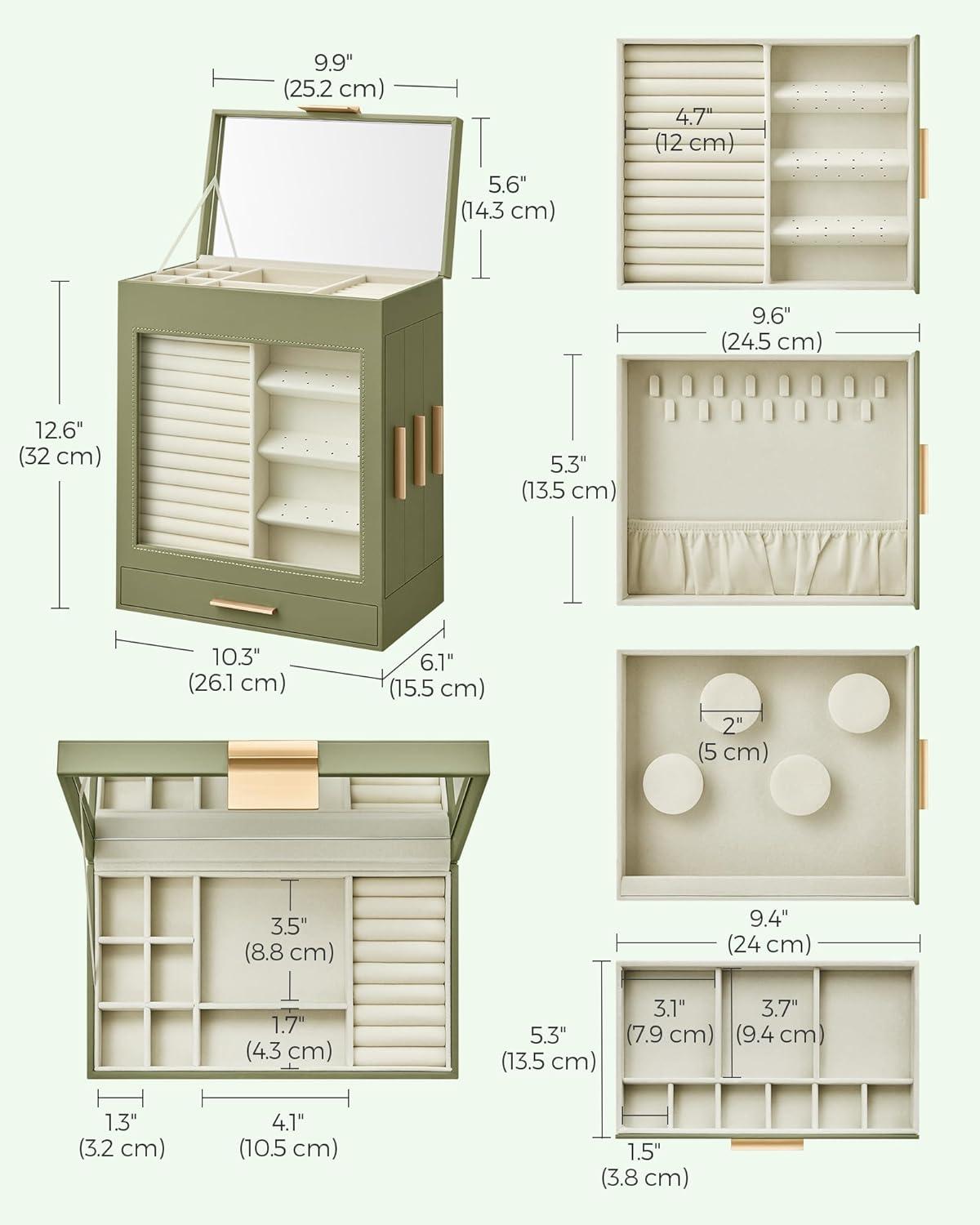 SONGMICS Jewelry Box with Glass Window, 5-Layer Jewelry Organizer with 3 Side Drawers, Jewelry Storage, with Big Mirror, Modern, 6.1 x 10.3 x 12.6 Inches, Laurel Green and Metallic Gold UJBC162C02