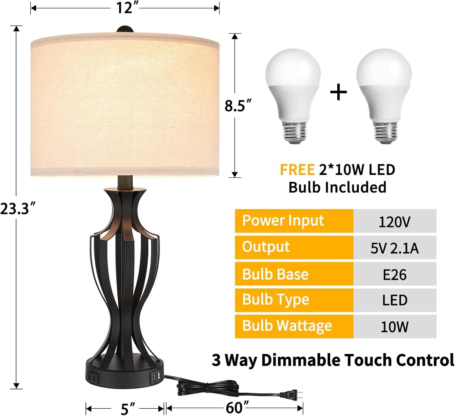 Kyrid 23.25'' Modern Metal USB Charging Table Lamp Set of 2 with Fabric Shade(Bulbs Included)