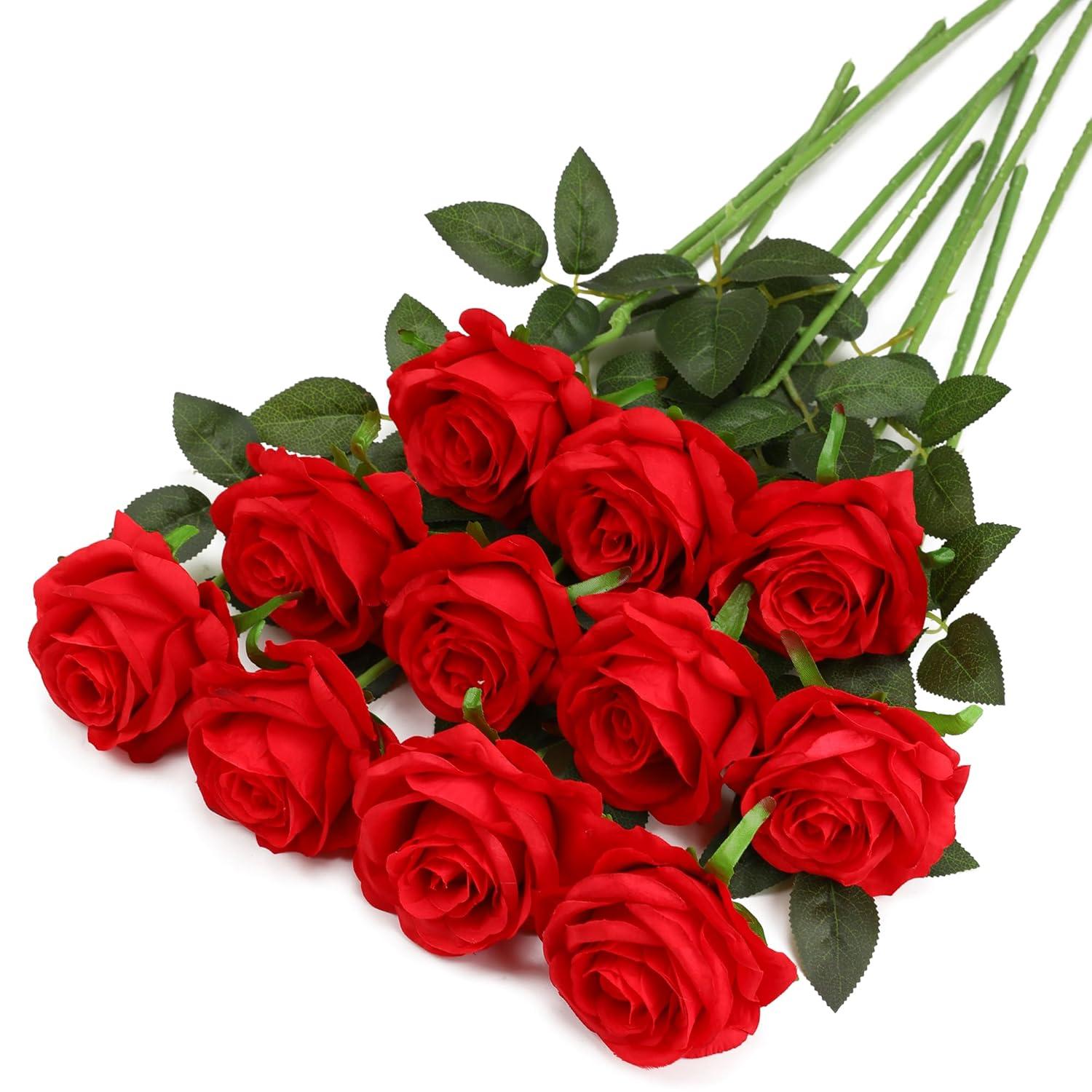 Primrue 10PCS Artificial Silk Flowers Realistic Roses Bouquet Long Stem for Home Wedding Decoration Party (Set of 10)