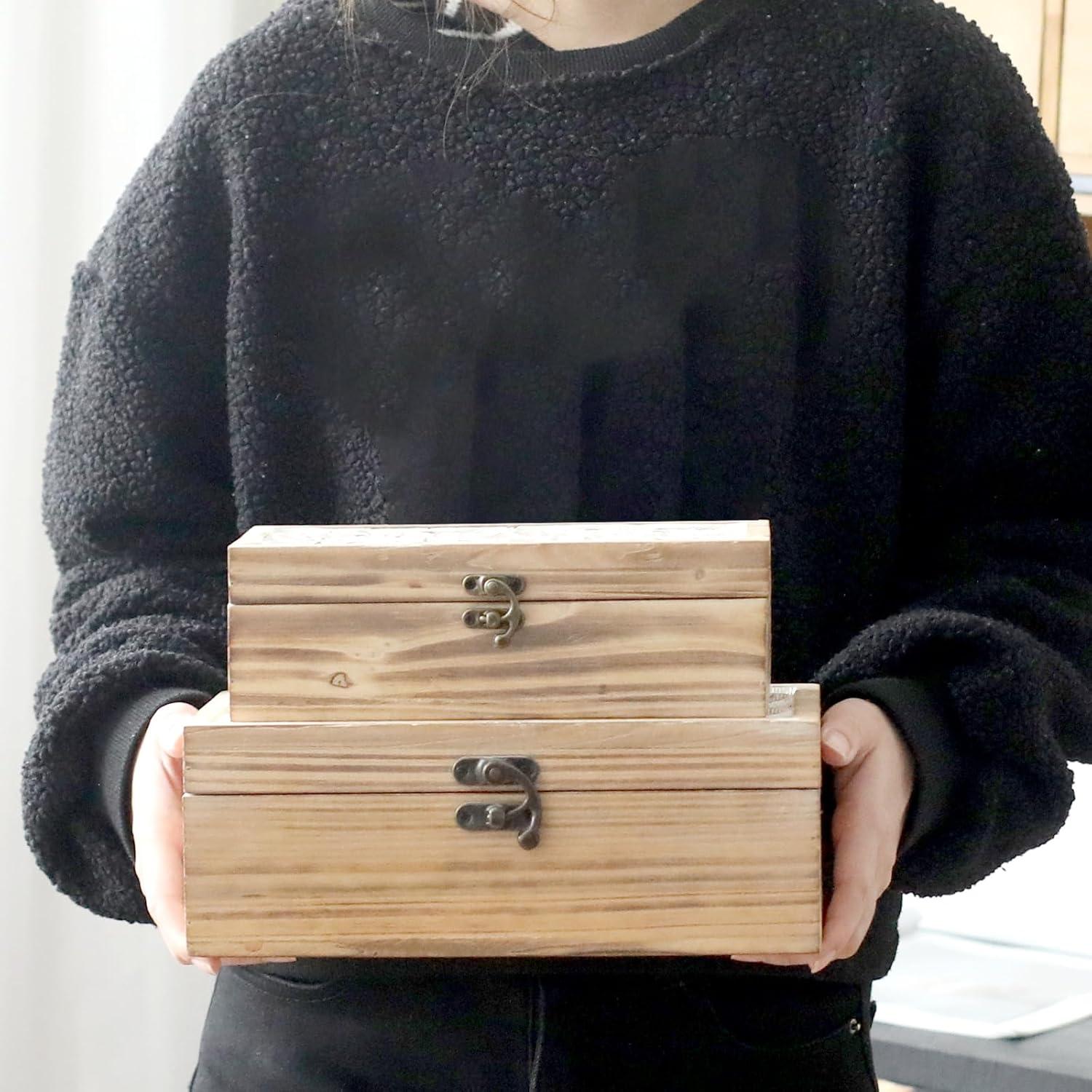 Wooden Box Set of 2 - Rustic Farmhouse Decorative Boxes with Hinged Lid and Carved Design