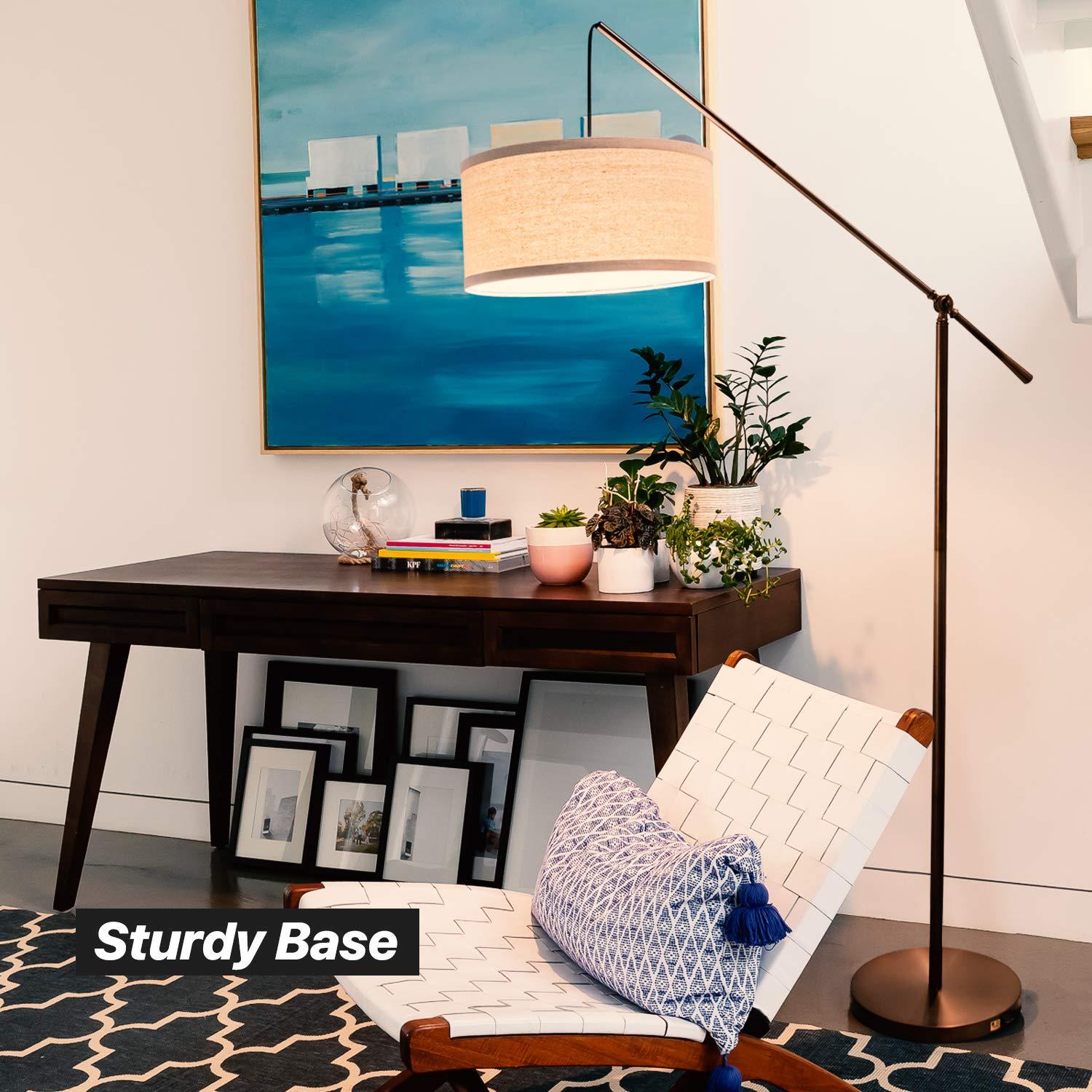 Brightech Hudson 70" Modern LED Floor Lamp with Adjustable Height, Brushed Bronze Finish, and Beige Fabric Drum Shade, Bulb Included
