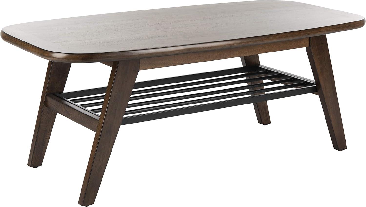 Transitional Dark Walnut Rectangular Coffee Table with Black Metal Storage Rack