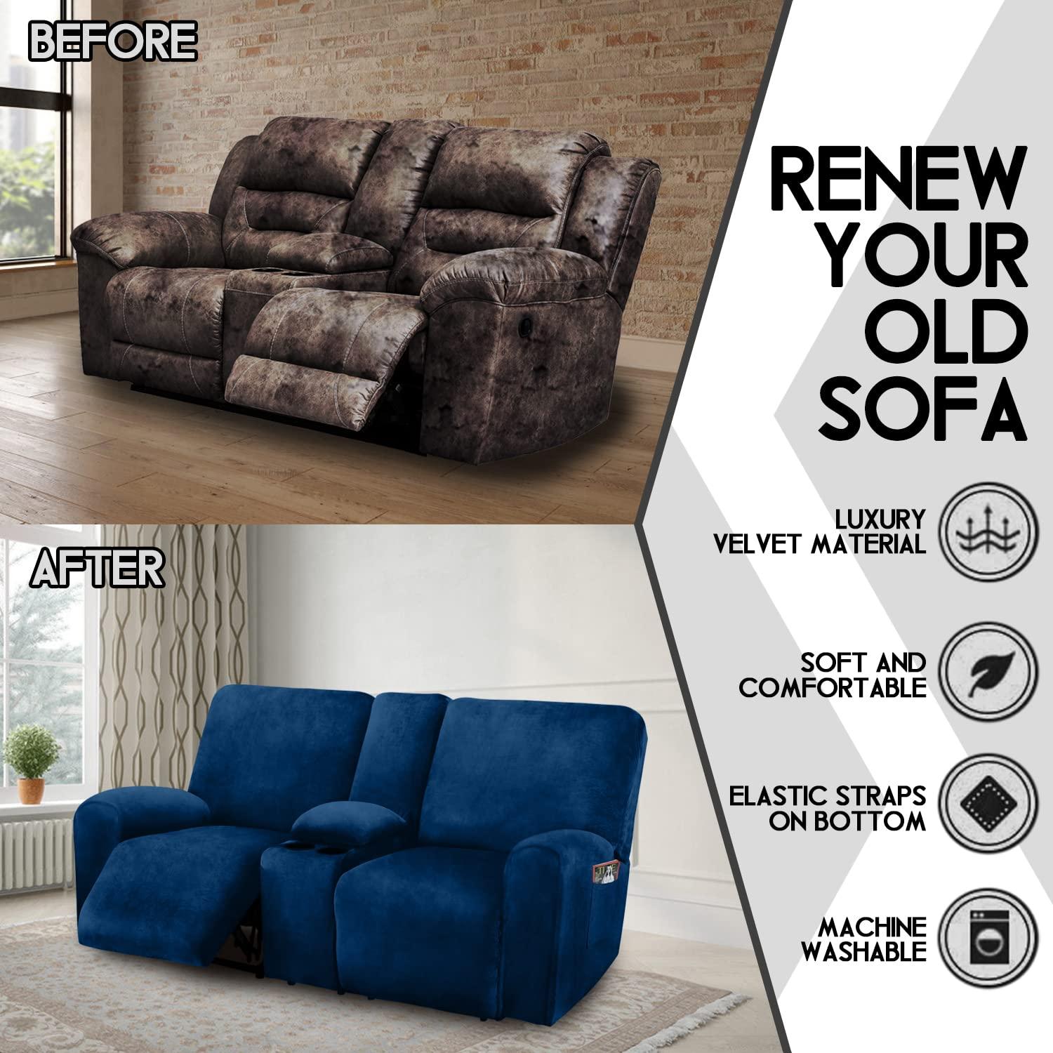ULTICOR Reclining Love Seat with Middle Console Slipcover, 8-Piece Velvet Stretch Loveseat Reclining Sofa Covers, 2 seat Loveseat Recliner Cover, Thick, Soft, Washable, Loveseat Slipcovers (Navy)