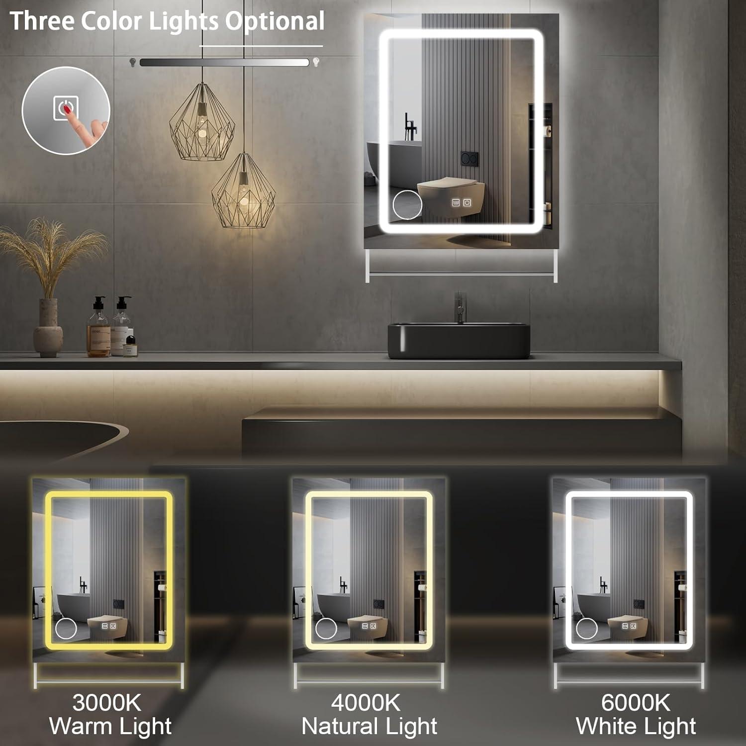 White LED Bathroom Mirror with Triple-Tier Storage and Towel Bar