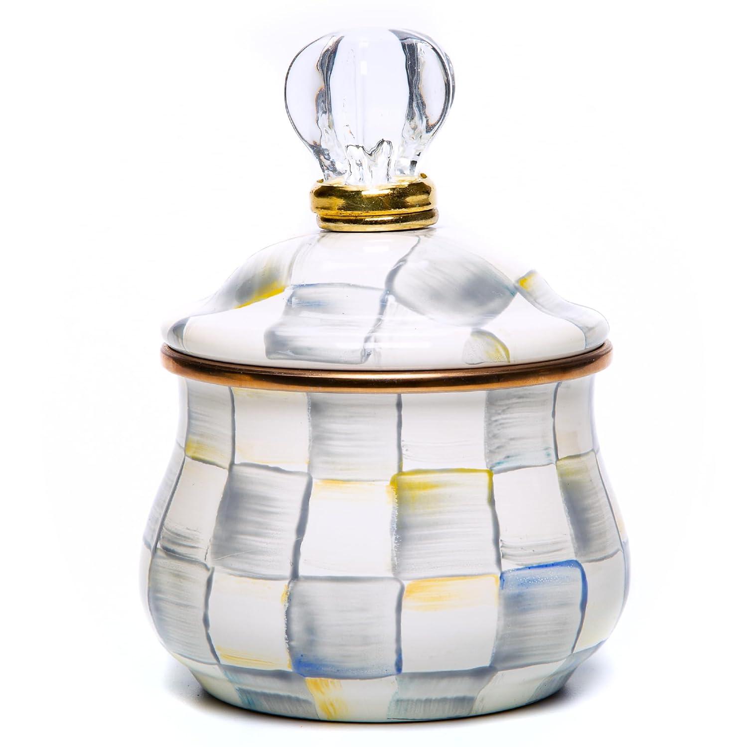 Stack man Enamel Lidded Sugar Bowl, Small Serving Bowl With Lid, 10-Ounce Capacity, Gray-And-White Sterling Check