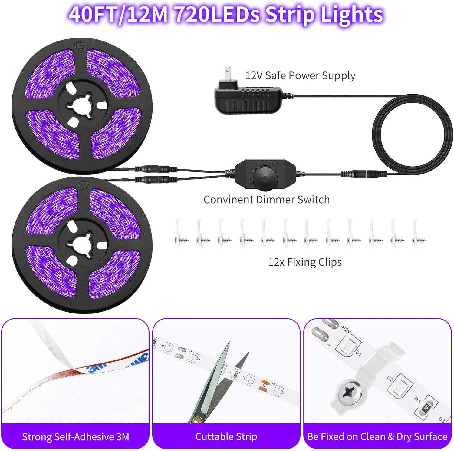 40 Foot Led Black Light Strip Kit, 720 Units Led, 12V Flexible Blacklight Fixtures, Non-Waterproof