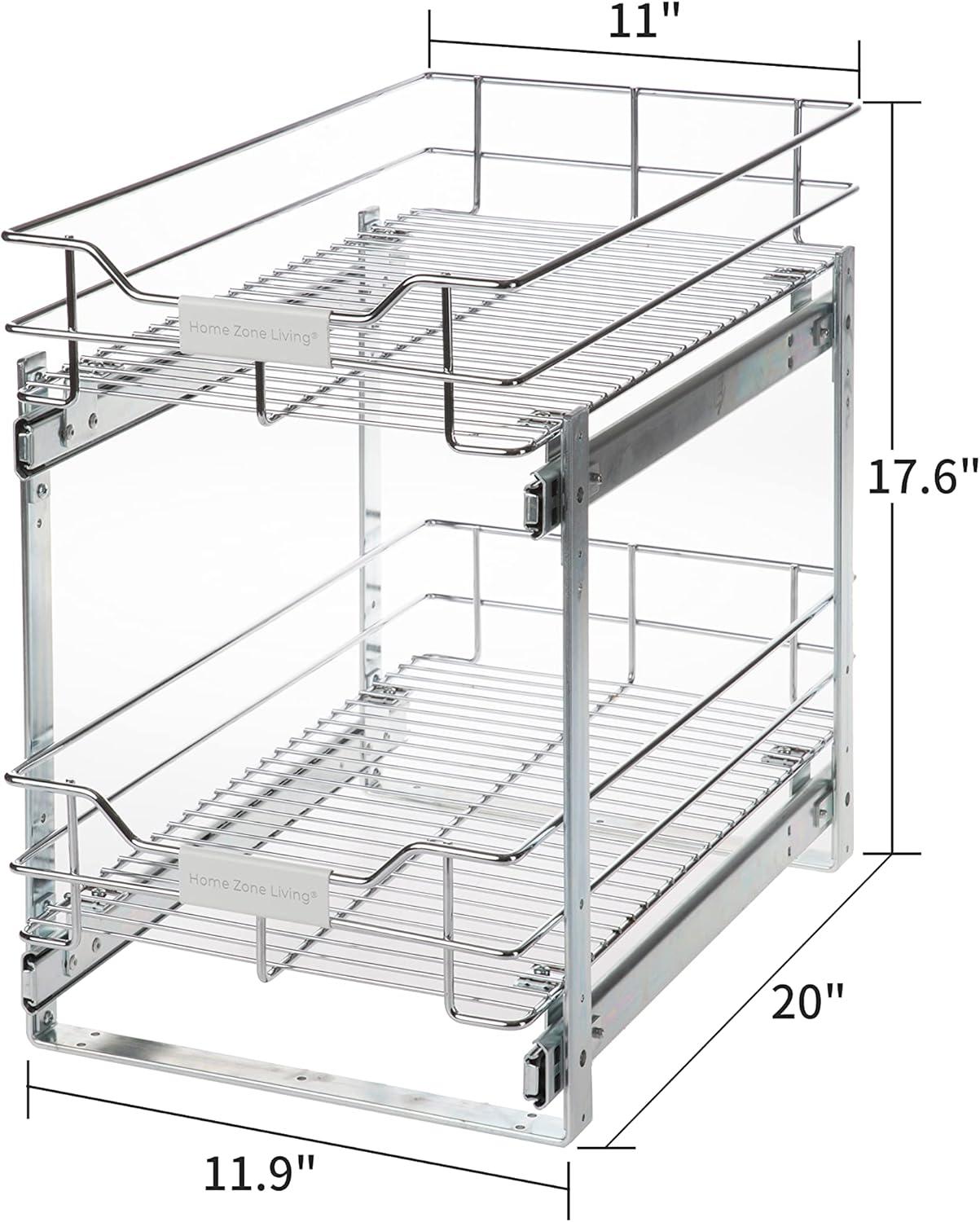 Home Zone Living 11” Width x 20” Depth 2 Shelves Pull Out Storage Organizer, Silver