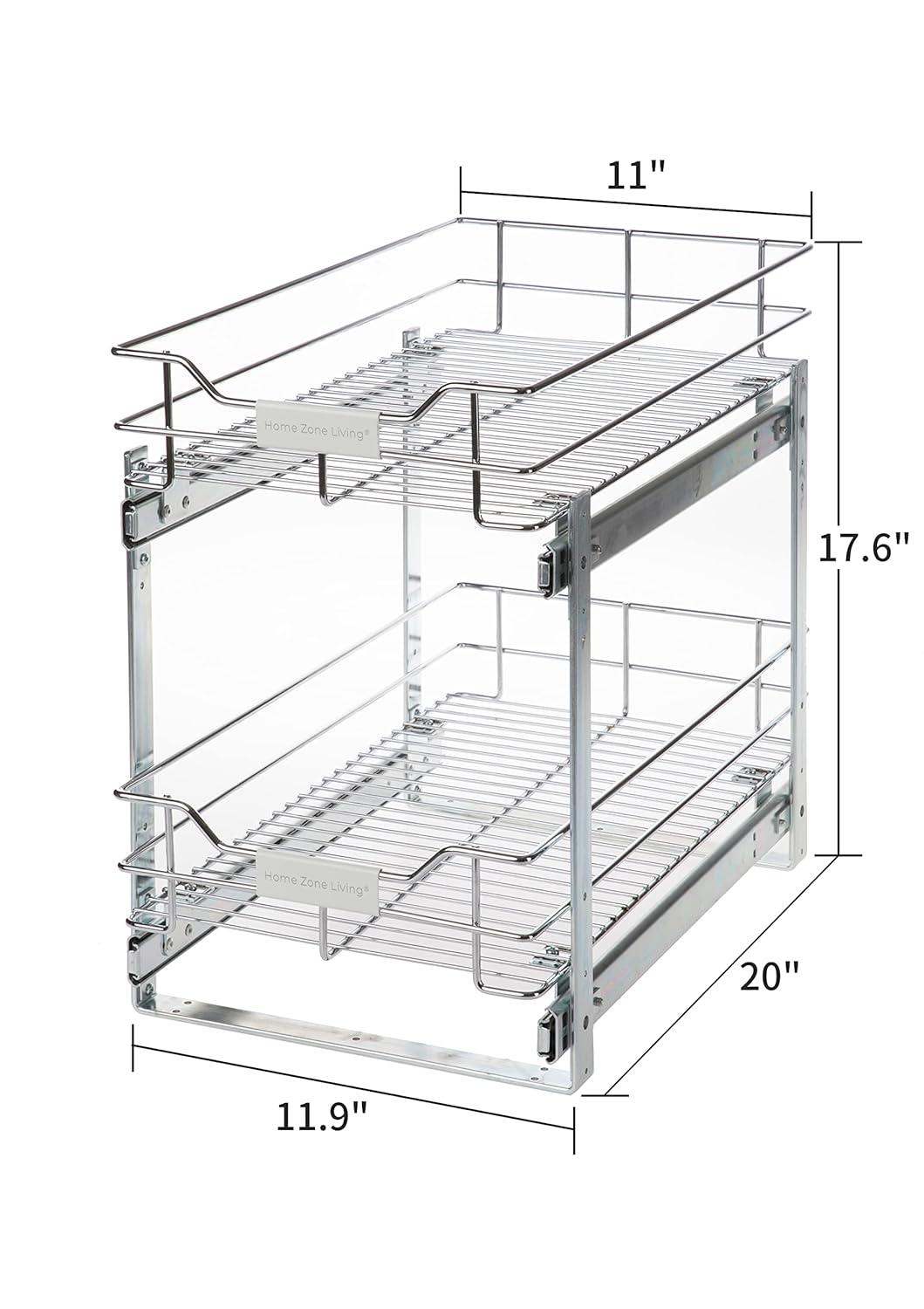 Home Zone Living 11” Width x 20” Depth 2 Shelves Pull Out Storage Organizer, Silver