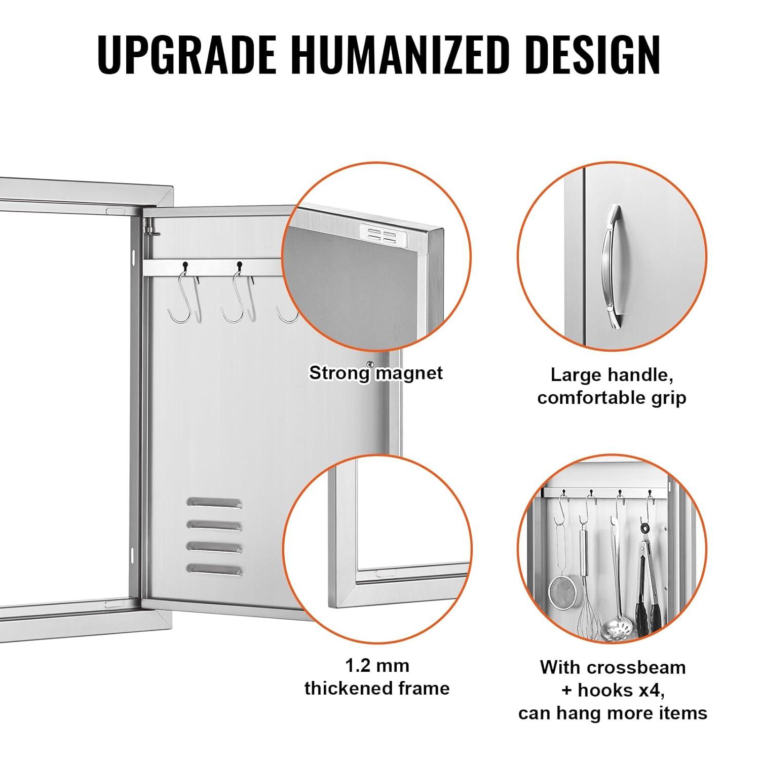 VEVOR Outdoor BBQ Kitchen Door - 14W x 20H Inch Stainless Steel Flush Mount Vertical Wall Door with Handle for Island, Grilling Station