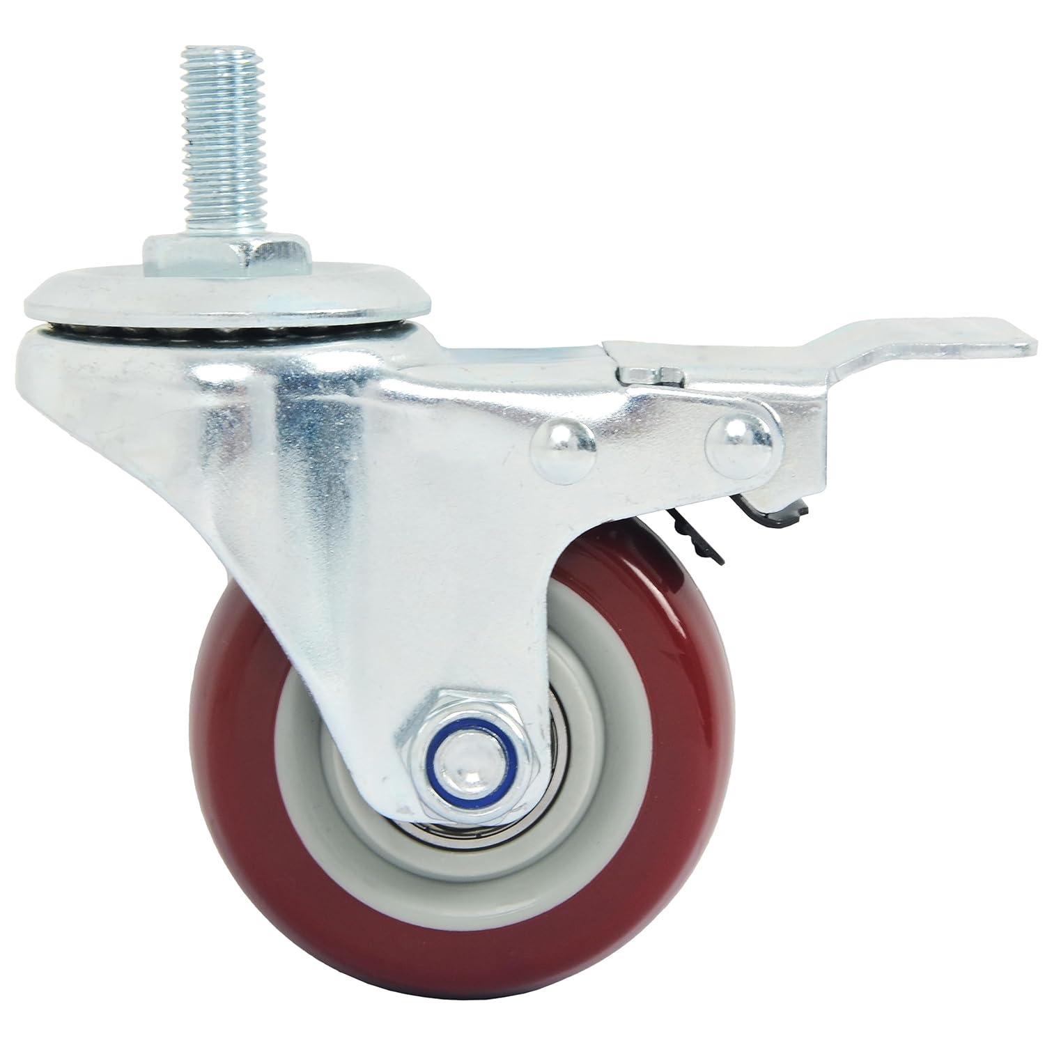 Caster Wheels Set of 4 with Brake Plate Swivel Casters Premium Polyurethane Wheels PU Load Bearing 1,200 Lbs Lockable Anti-wear Smooth Casters Red