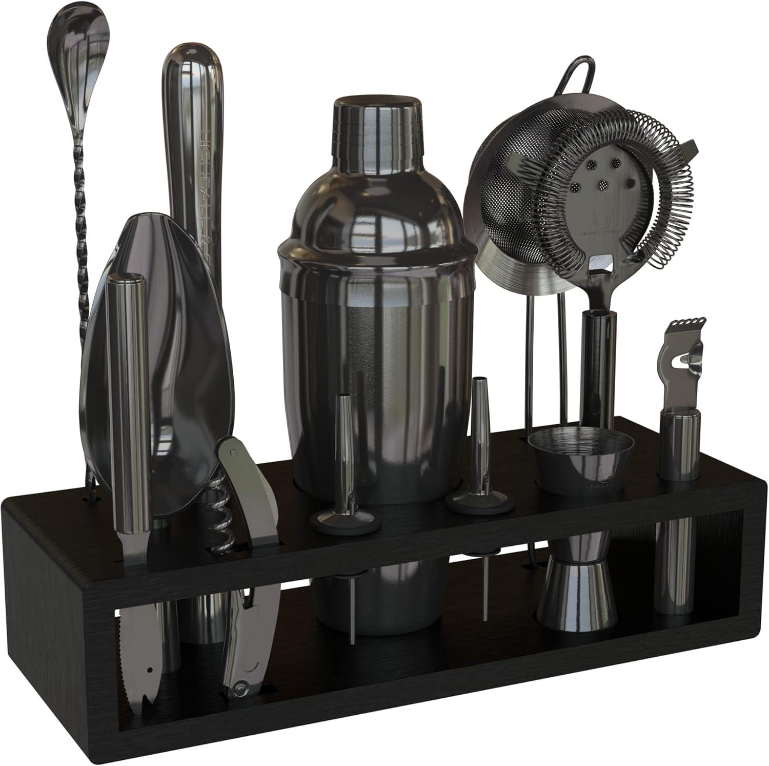 Black Stainless Steel 13-Piece Bartender Kit with Bamboo Stand