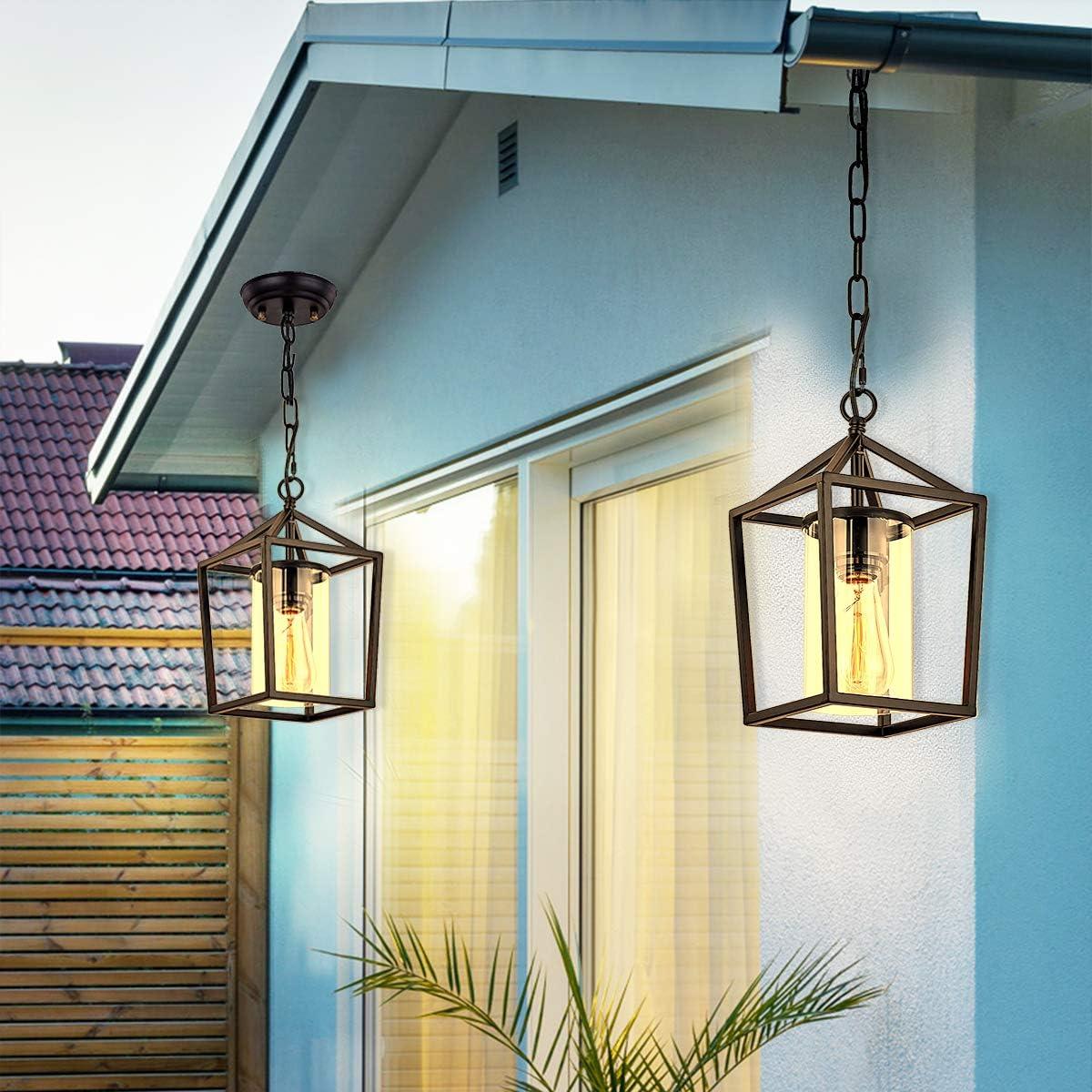 Black Metal and Glass Vintage Cage Outdoor Pendant Light