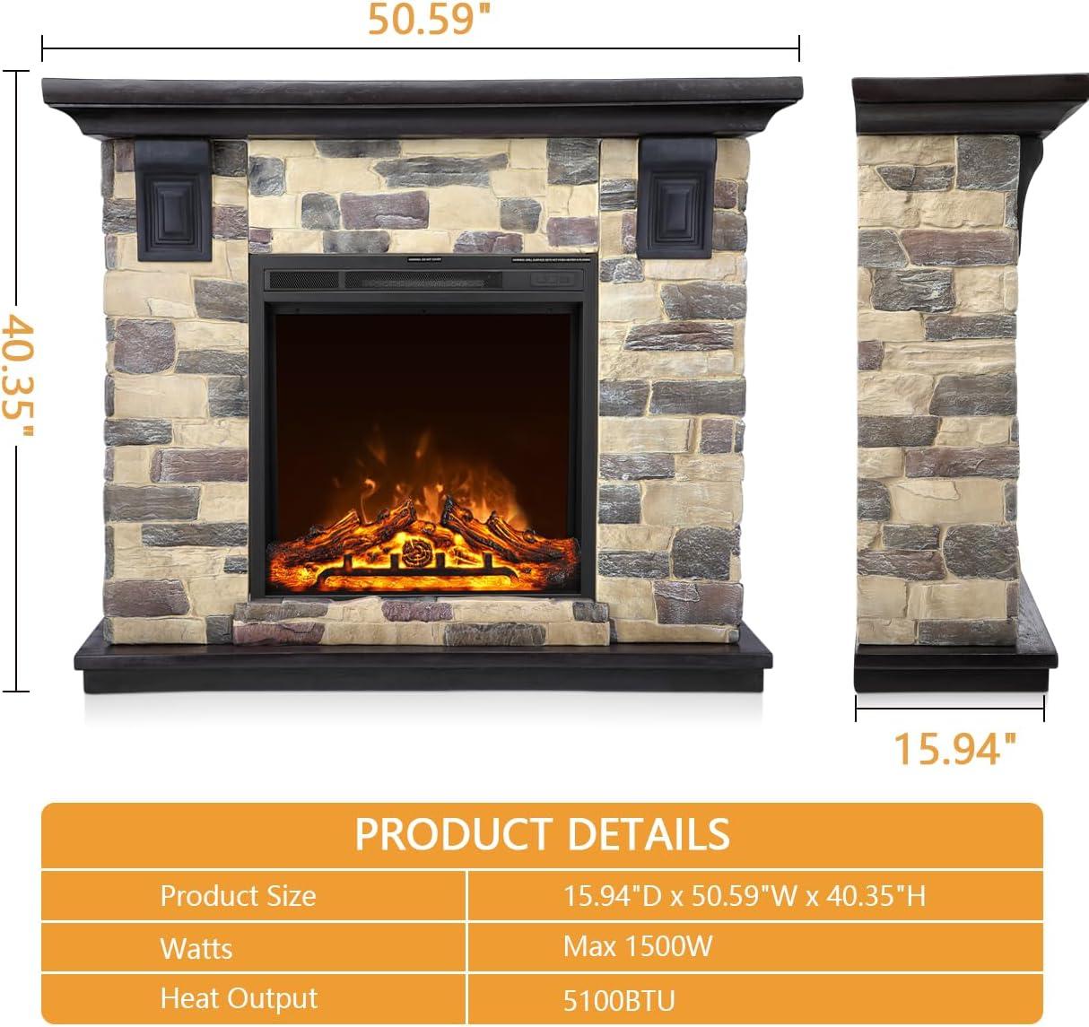 50-Inch Stone Electric Fireplace Mantel with Remote Control