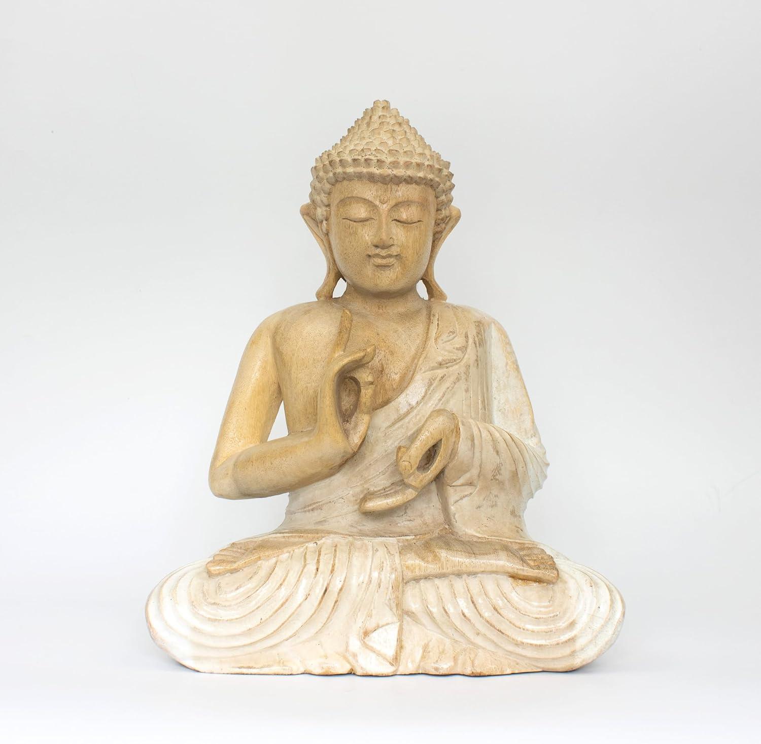12" Whitewashed Wooden Meditating Buddha Statue in Suar Wood