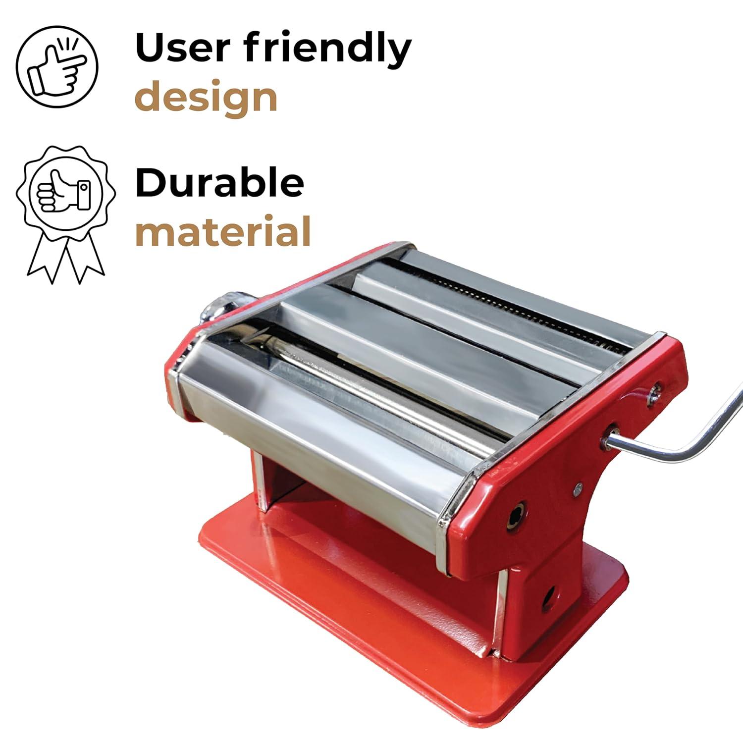 JS Gourmet - Manual Pasta Machine in Stainless Steel, 2 Adjustable Cutting Rollers, Red