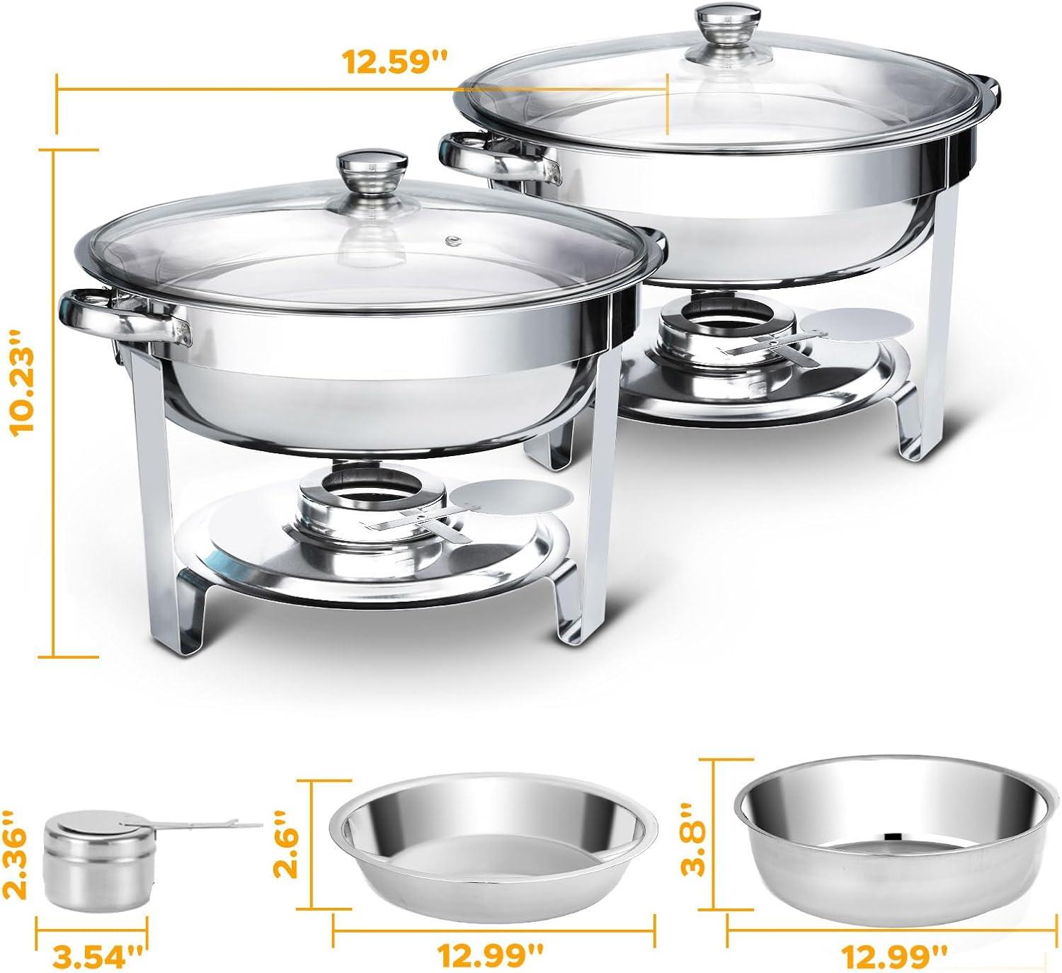 WARMOUNTS Chafing Dish Buffet Set, 2 Pack 5-Quart Round Buffet Chafe Warmer Set, 410 Stainless Steel Chafing Dish Buffet Food Warmer with Glass Lid & Holder