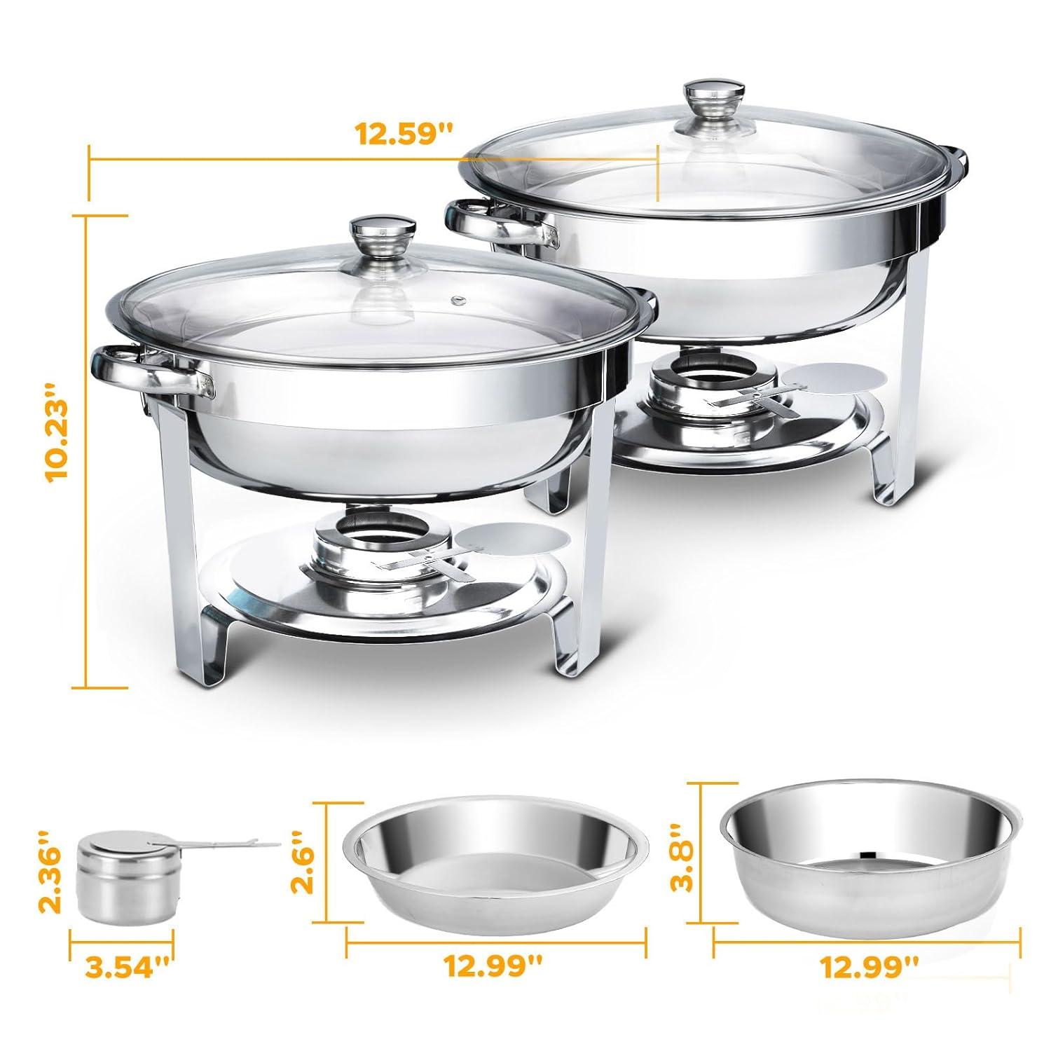 WARMOUNTS Chafing Dish Buffet Set, 2 Pack 5-Quart Round Buffet Chafe Warmer Set, 410 Stainless Steel Chafing Dish Buffet Food Warmer with Glass Lid & Holder