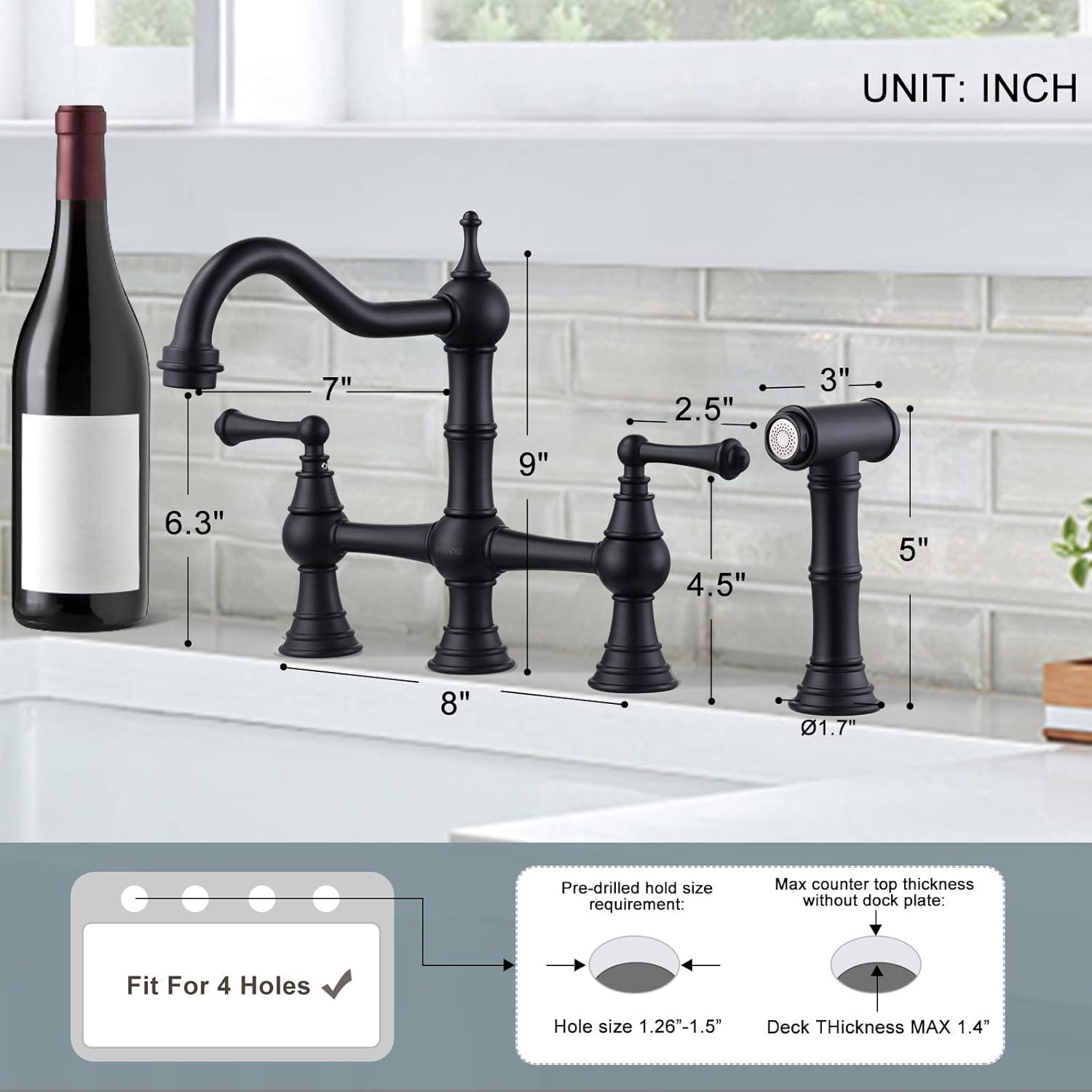 Matte Black Brass Bridge Faucet with Side Sprayer