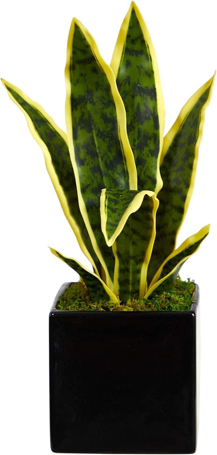 Nearly Natural 16-in Sansevieria Artificial Plant in Black Planter