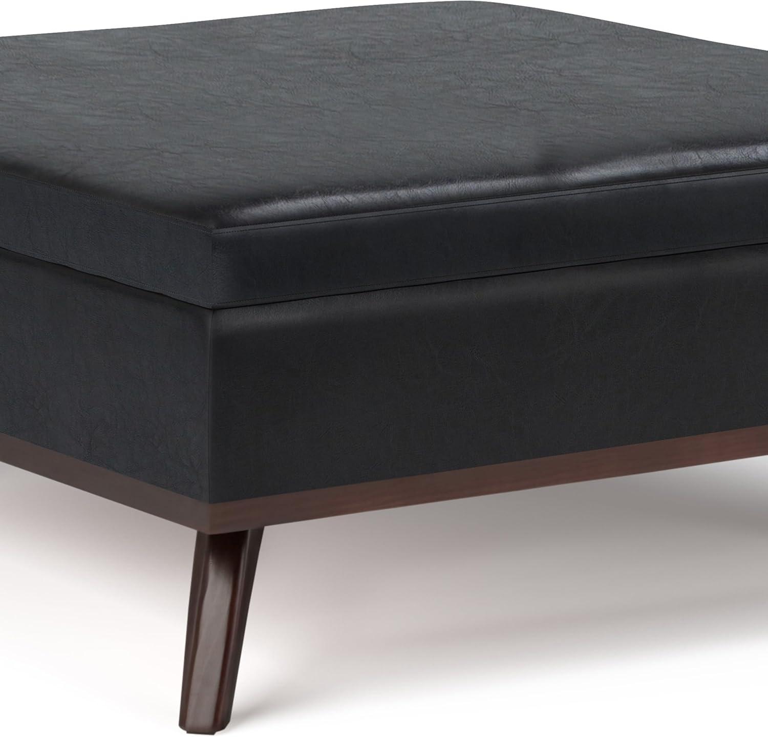 Simpli Home Owen Faux Air Leather Coffee Table Storage Ottoman in Midnight Black